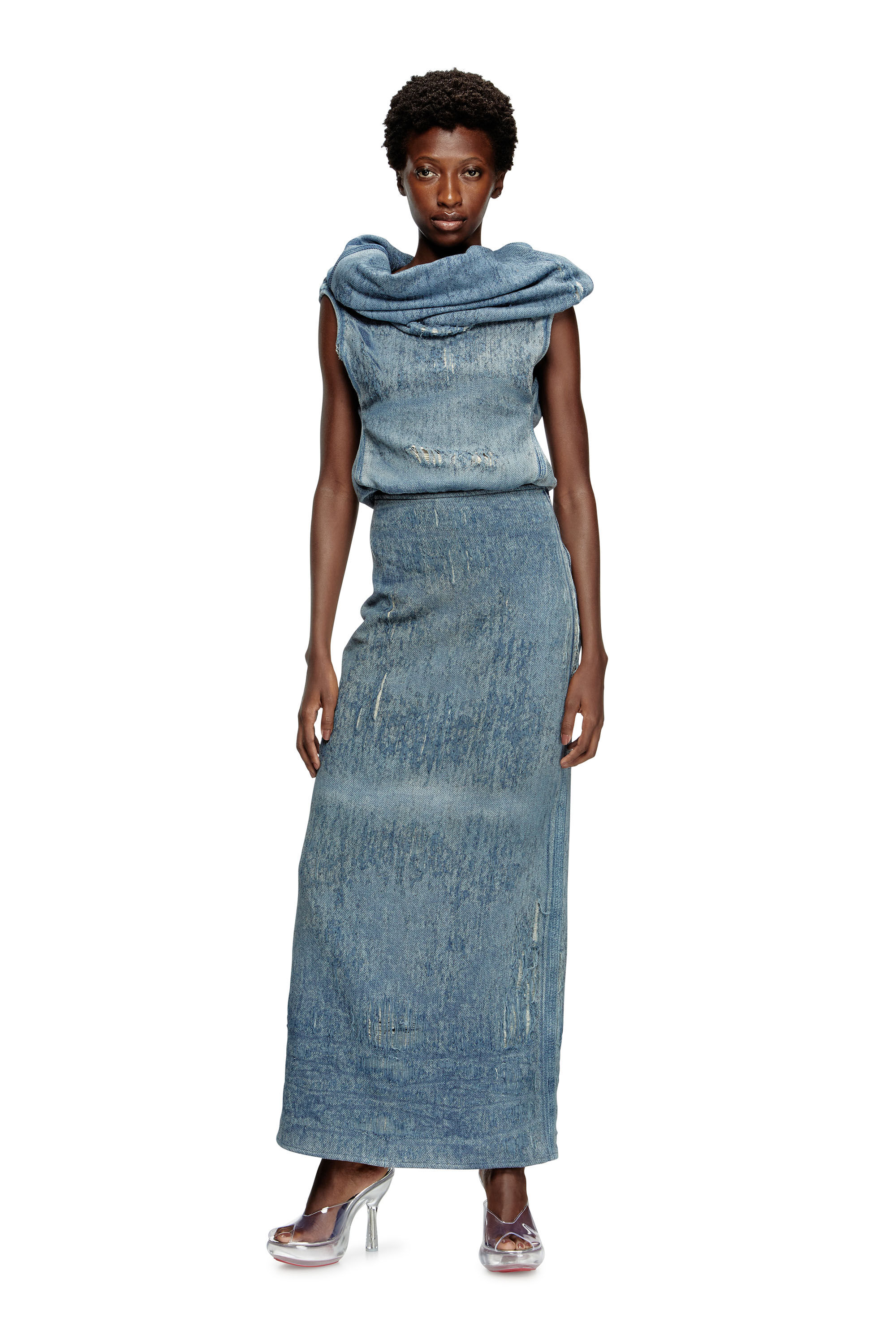 Diesel - DE-VANIA-FSG, Top en denim jacquard ultra-destroyed Femme in Bleu - 1