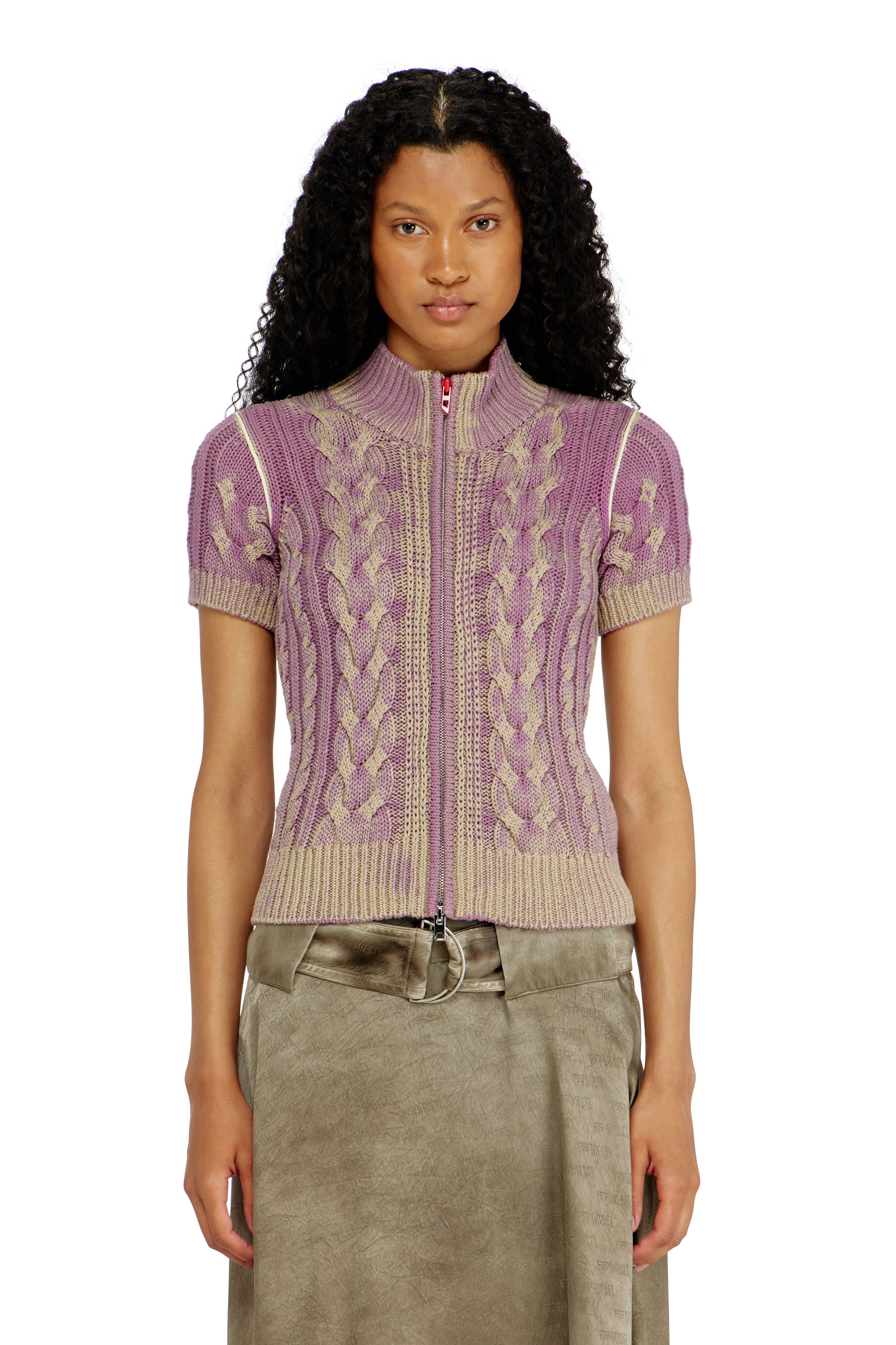 Diesel - M-ELANA, Cardigan &agrave; manches courtes zipp&eacute; en maille torsad&eacute;e Femme in Violet - 3