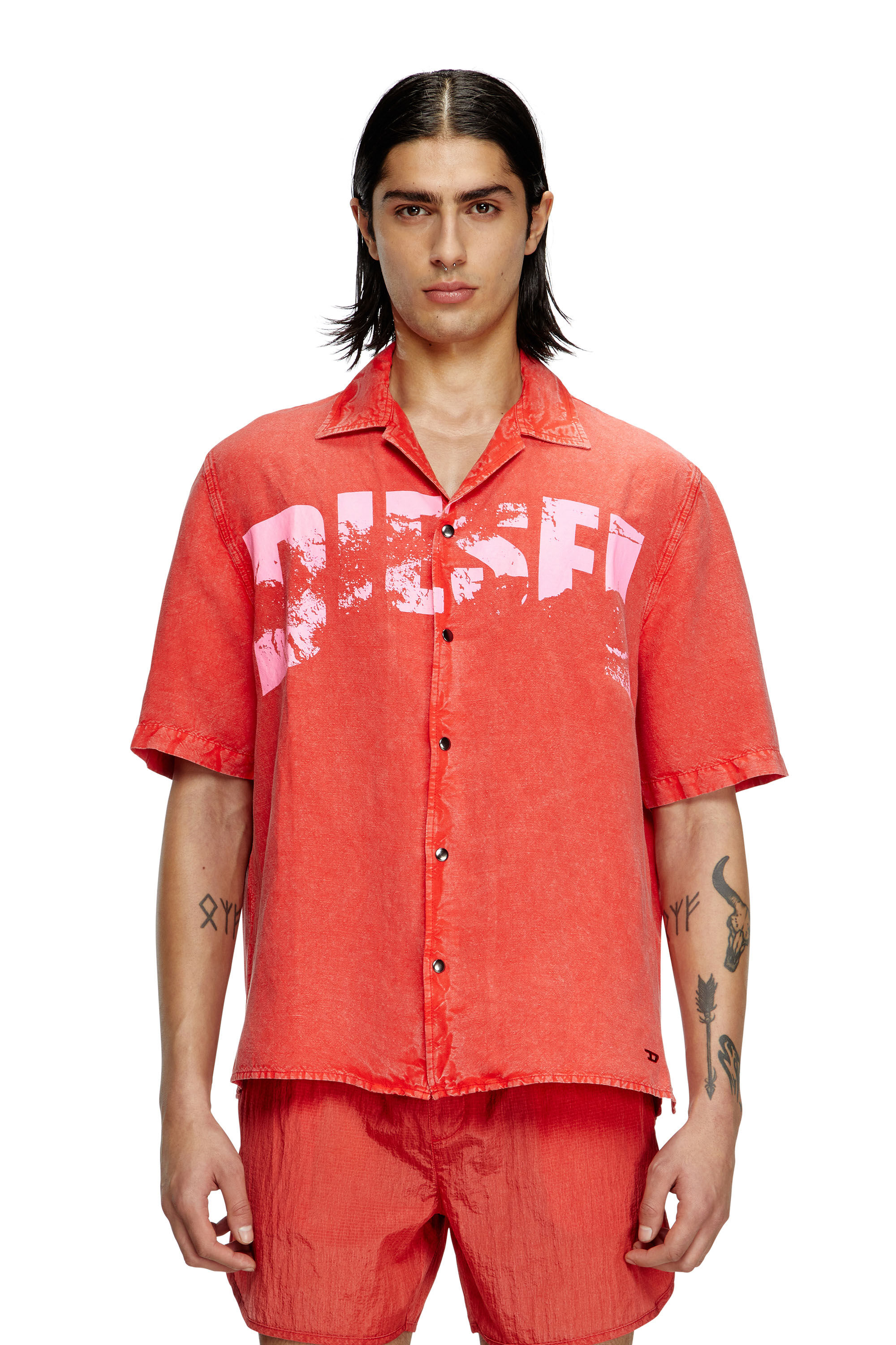 Diesel - CHARLES-D-POP, Chemise de plage en lin mélangé Homme in Rouge - 1