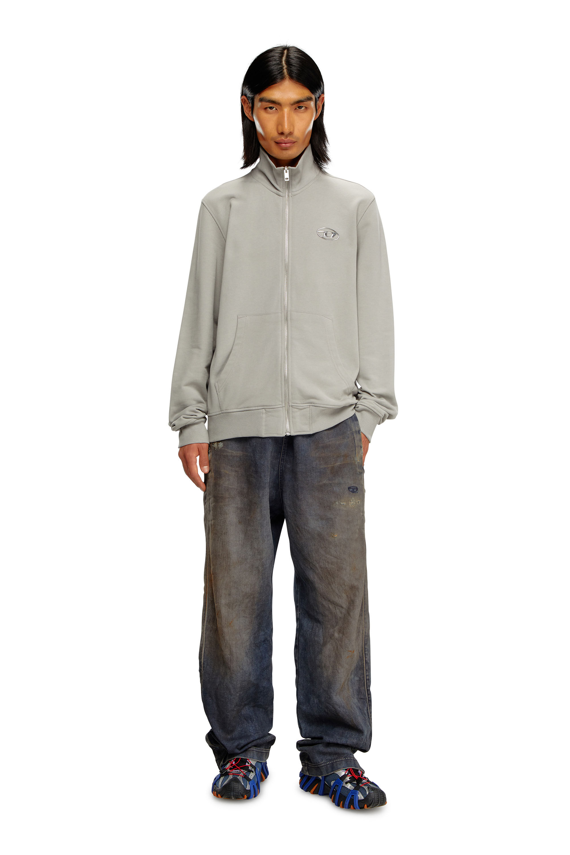 Diesel - S-GINNI-ZIP-OD, Sweat-shirt zippé avec logo métallisé Homme in Gris - 1