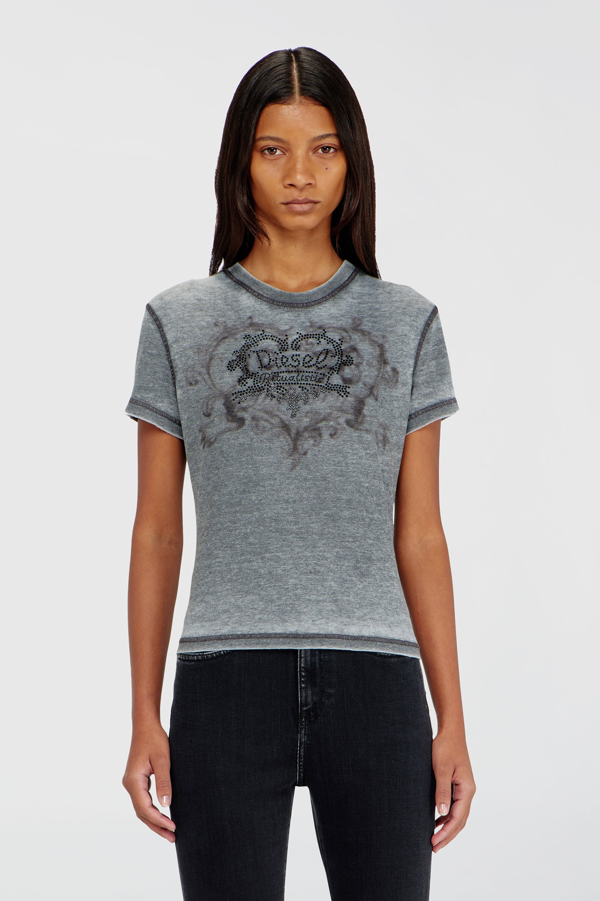 Diesel - T-ILA-AA1, T-shirt en jersey avec strass et burnout effect Femme in Gris - 3