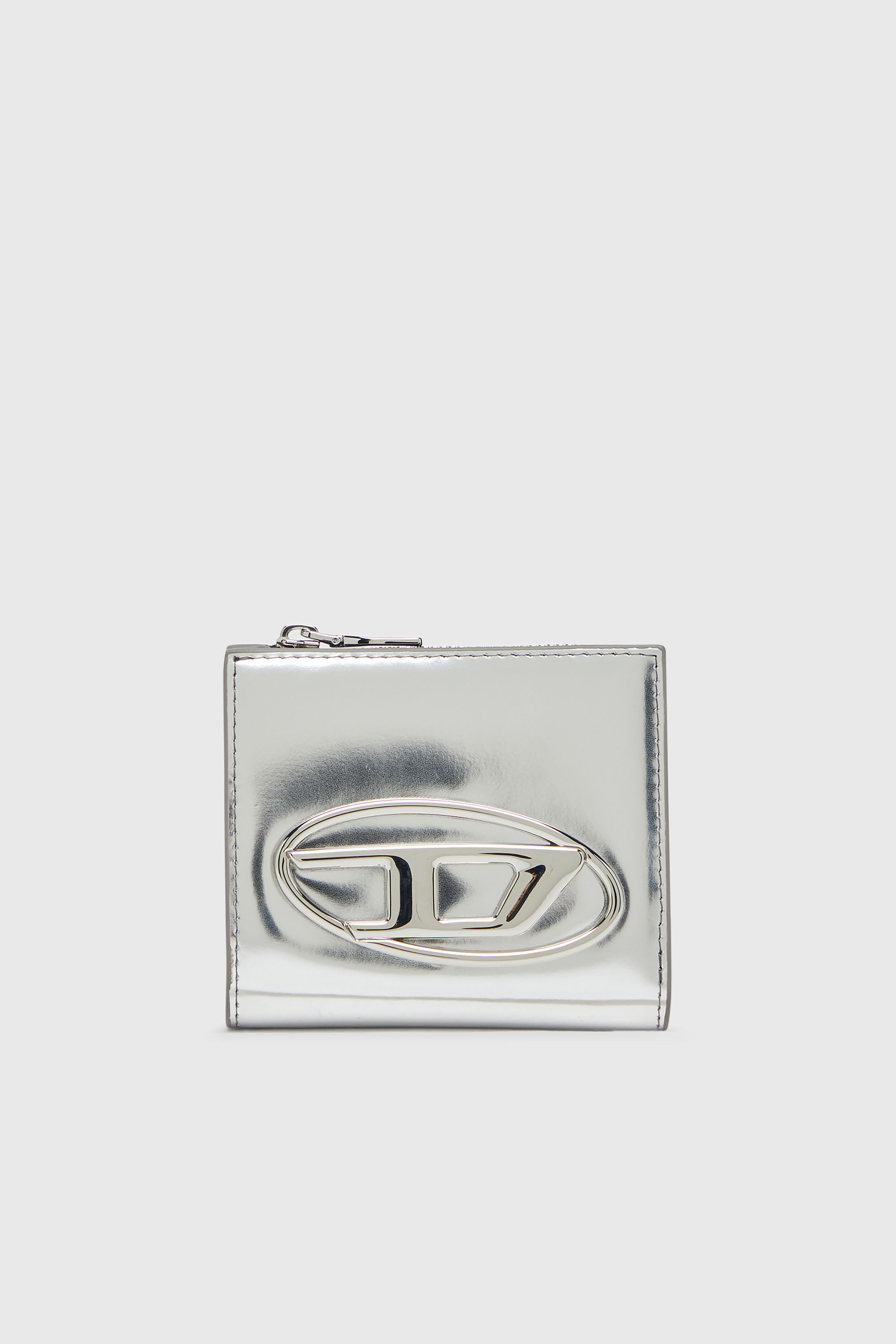 Diesel - 1DR BI FOLD ZIP L, Porte-cartes &agrave; deux volets en cuir effet miroir Femme in Gris argent&eacute; - 1