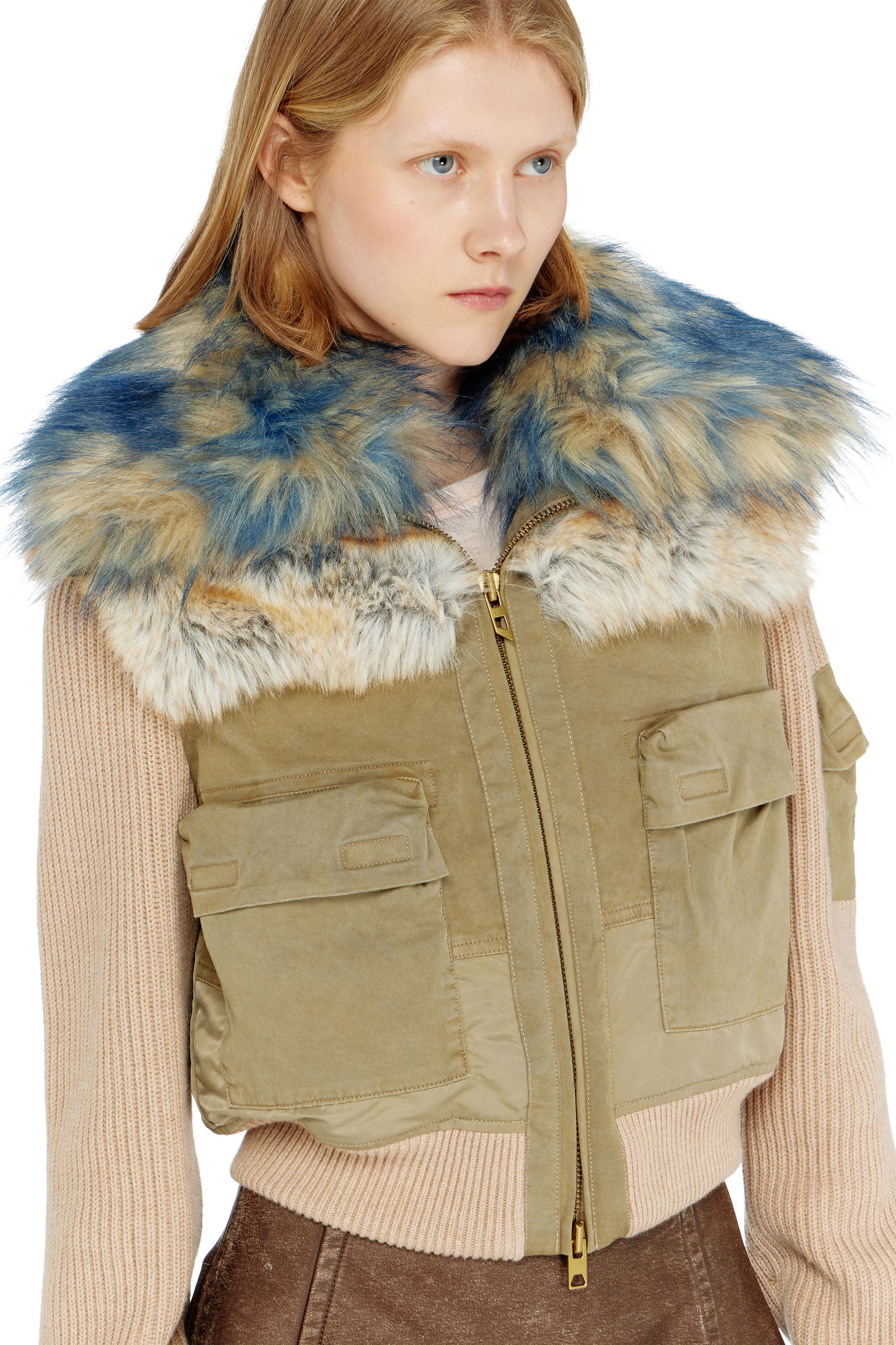 Diesel - G-USTAV, Blouson avec finitions en maille c&ocirc;tel&eacute;e et effet peluche Femme in Beige - 5