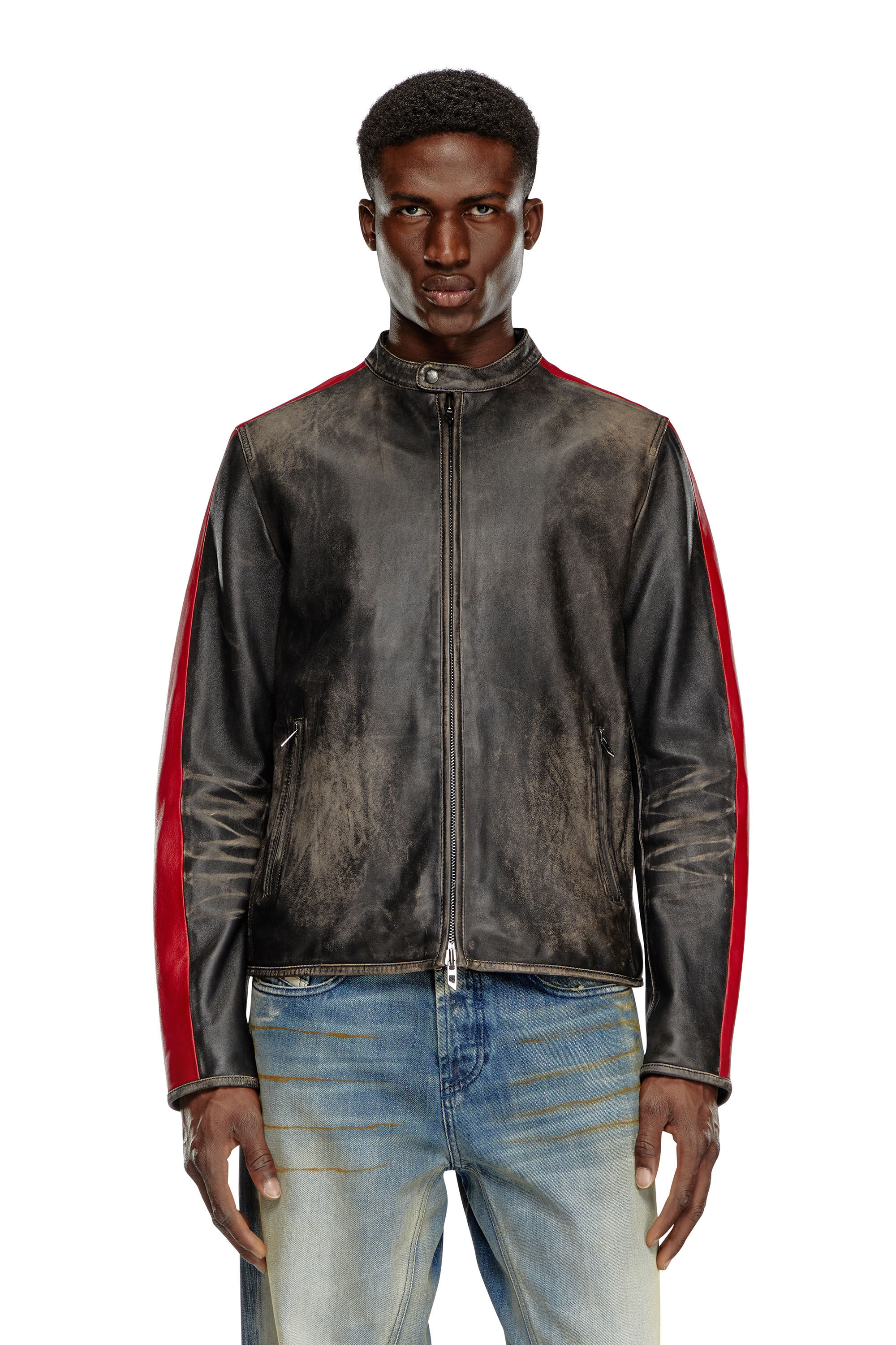 Diesel - L-RENN, Man Leather jacket with contrasting stripes in Multicolor - Image 6
