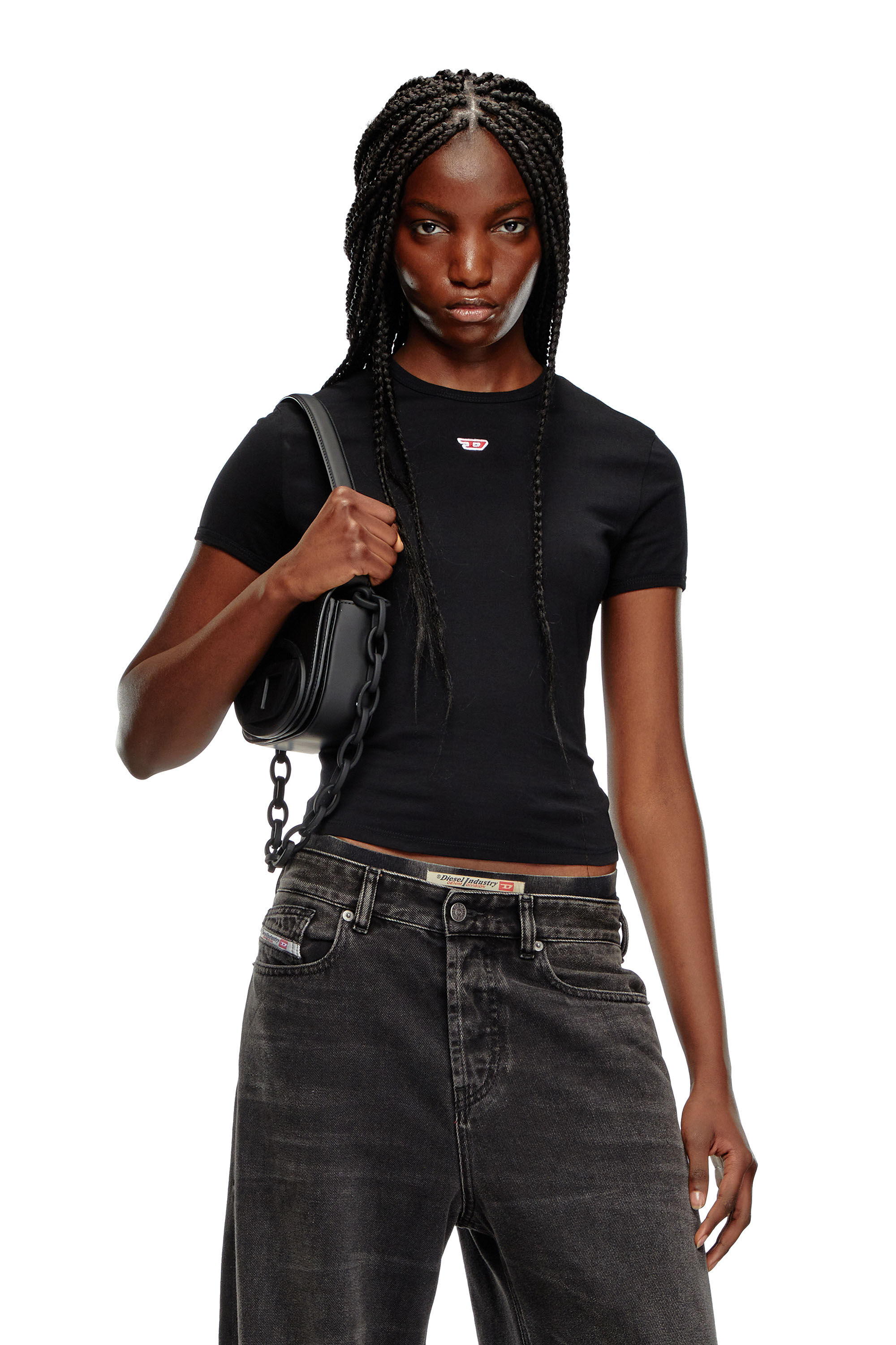Diesel - T-UNCUTIE-LONG-D, Femme T-shirt avec empiècement D brodé in Noir - Image 3