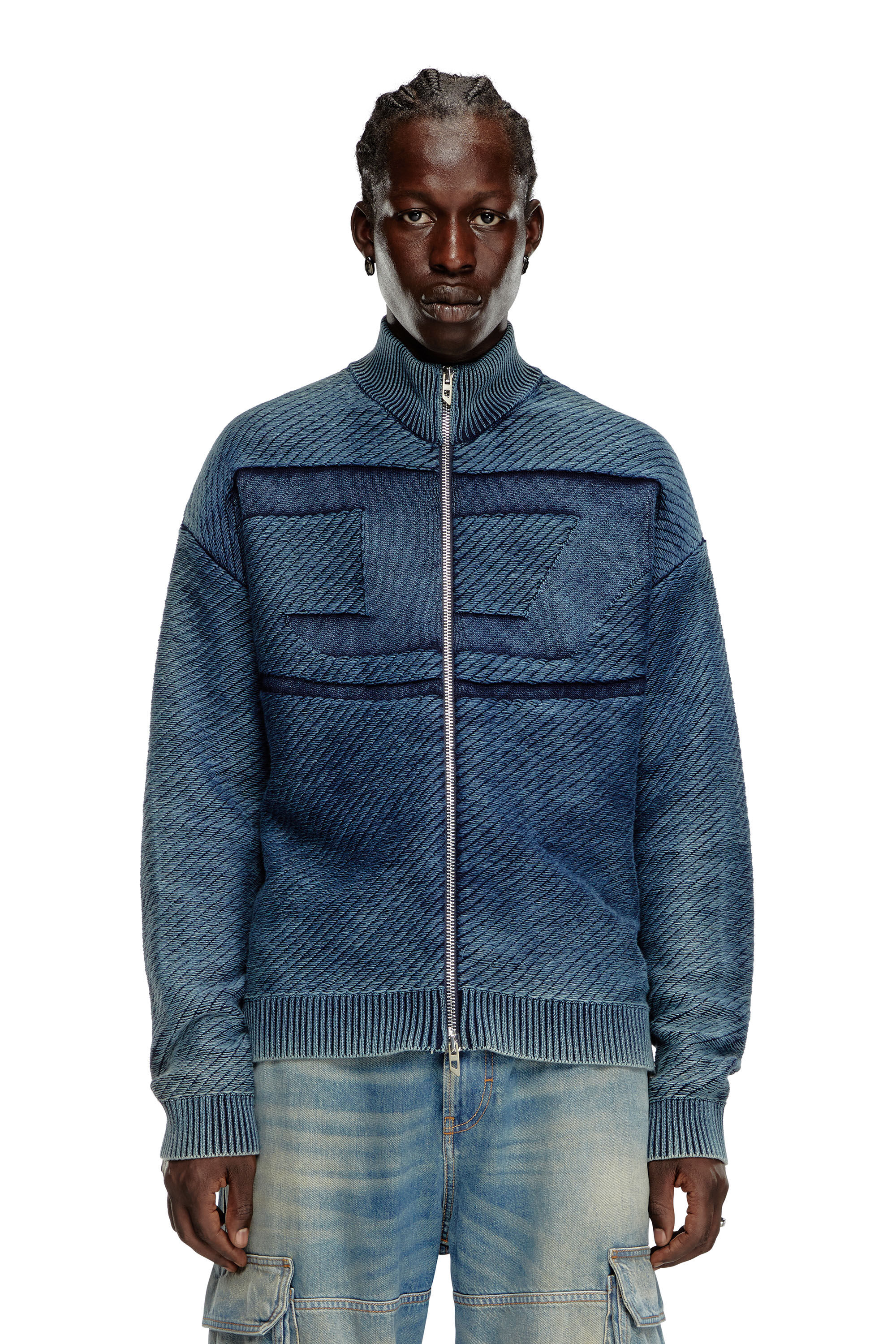 Cardigan zippe en coton effet denim Homme Bleu Diesel