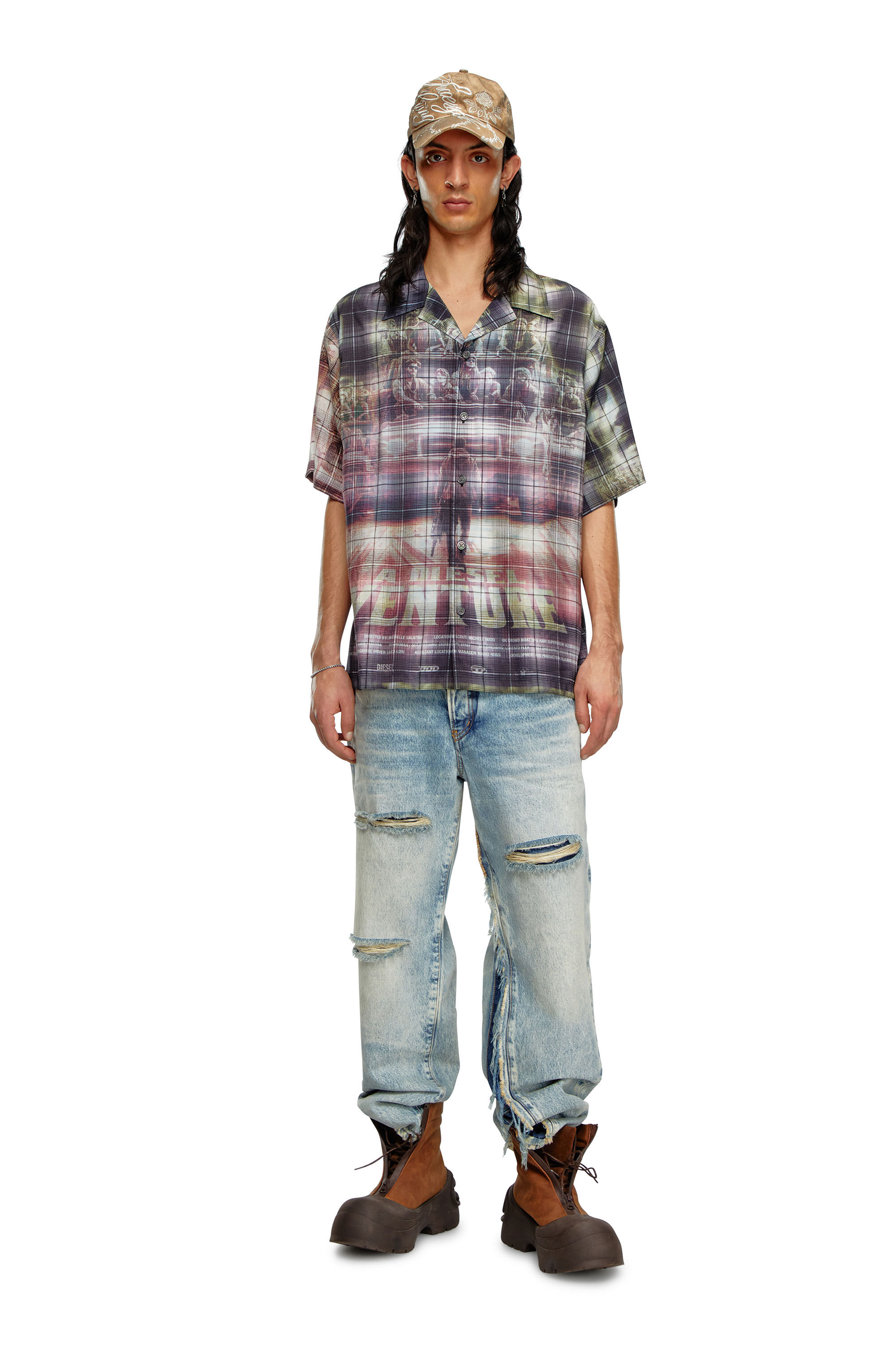 Chemise a carreaux a manches courtes avec imprime affiche Homme Polychrome Diesel