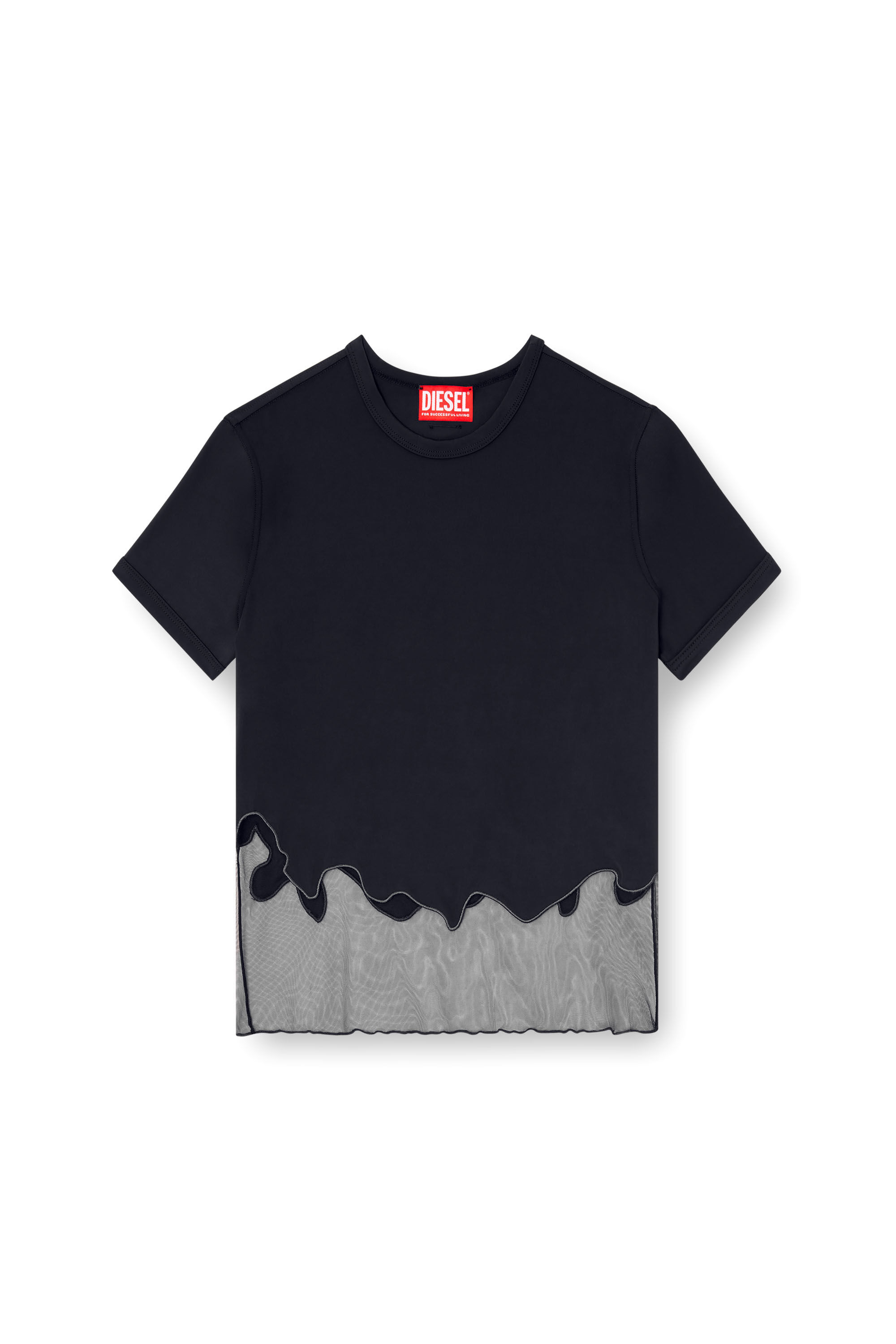 Diesel - T-INLAY-R1, T-shirt en nylon avec insert en tulle Femme in Noir - 2