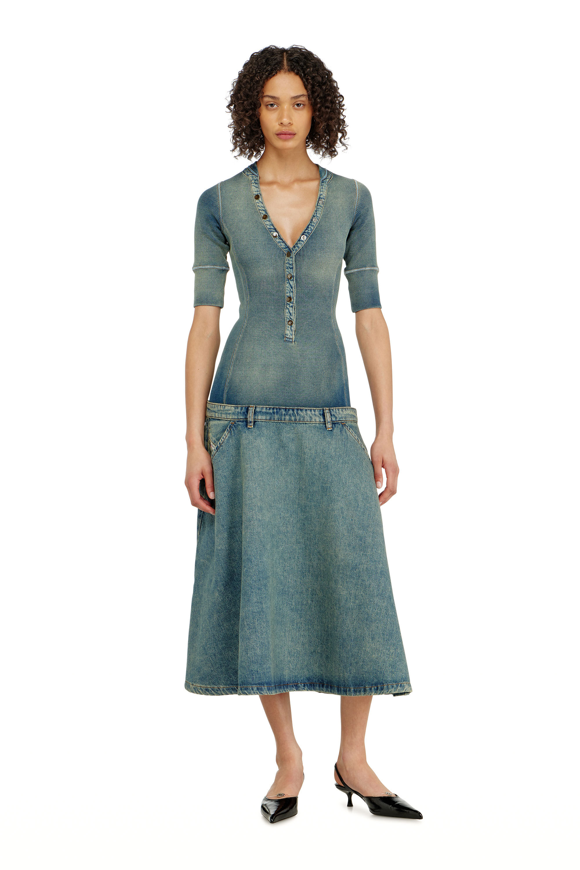 Diesel - DE-ANIM-S, Woman's Drop-waist midi dress in knit and denim in null - 3