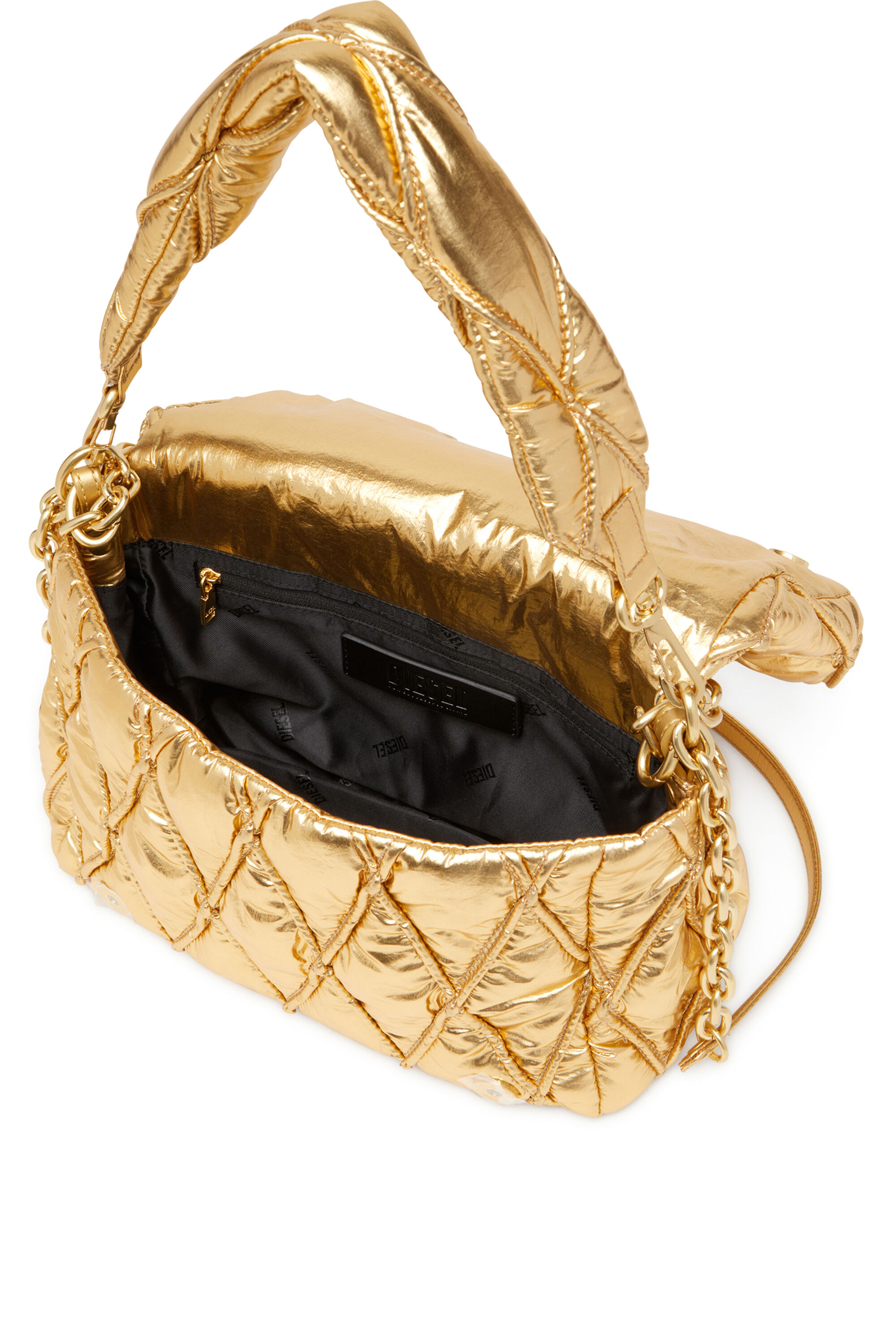 Diesel - CHARM-D SHOULDER M, Sac à bandoulière en nylon métallisé matelassé Femme in Doré - 5