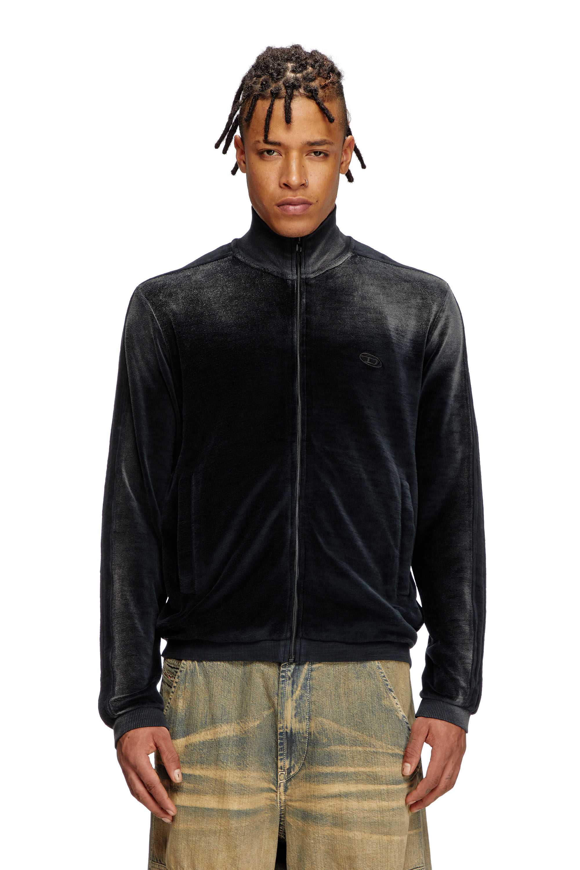 Diesel - S-OLOCK-BAND, Veste de survêtement en chenille délavée Homme in Noir - 3