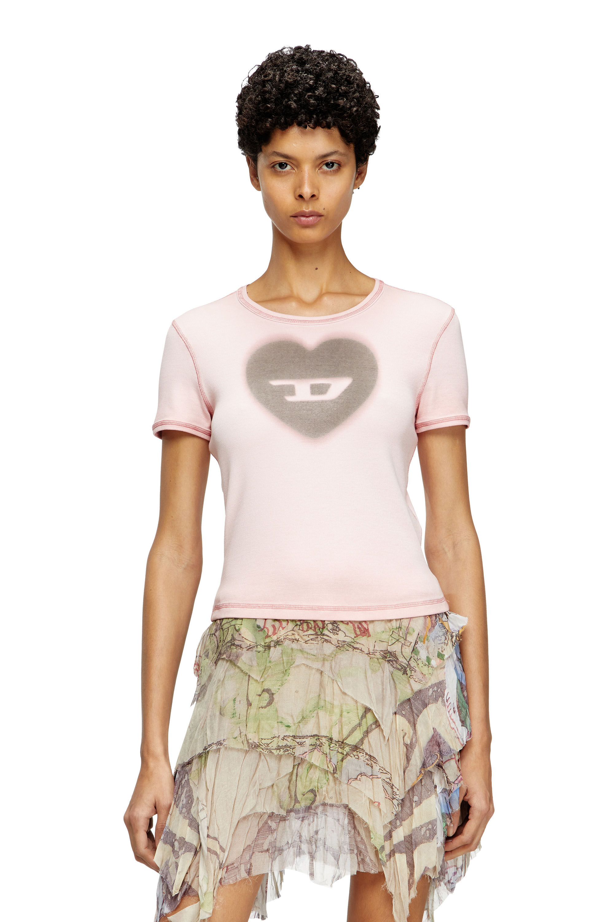 Diesel - T-ELE, T-shirt côtelé avec cœur D effet aquarelle Femme in Rose - 3