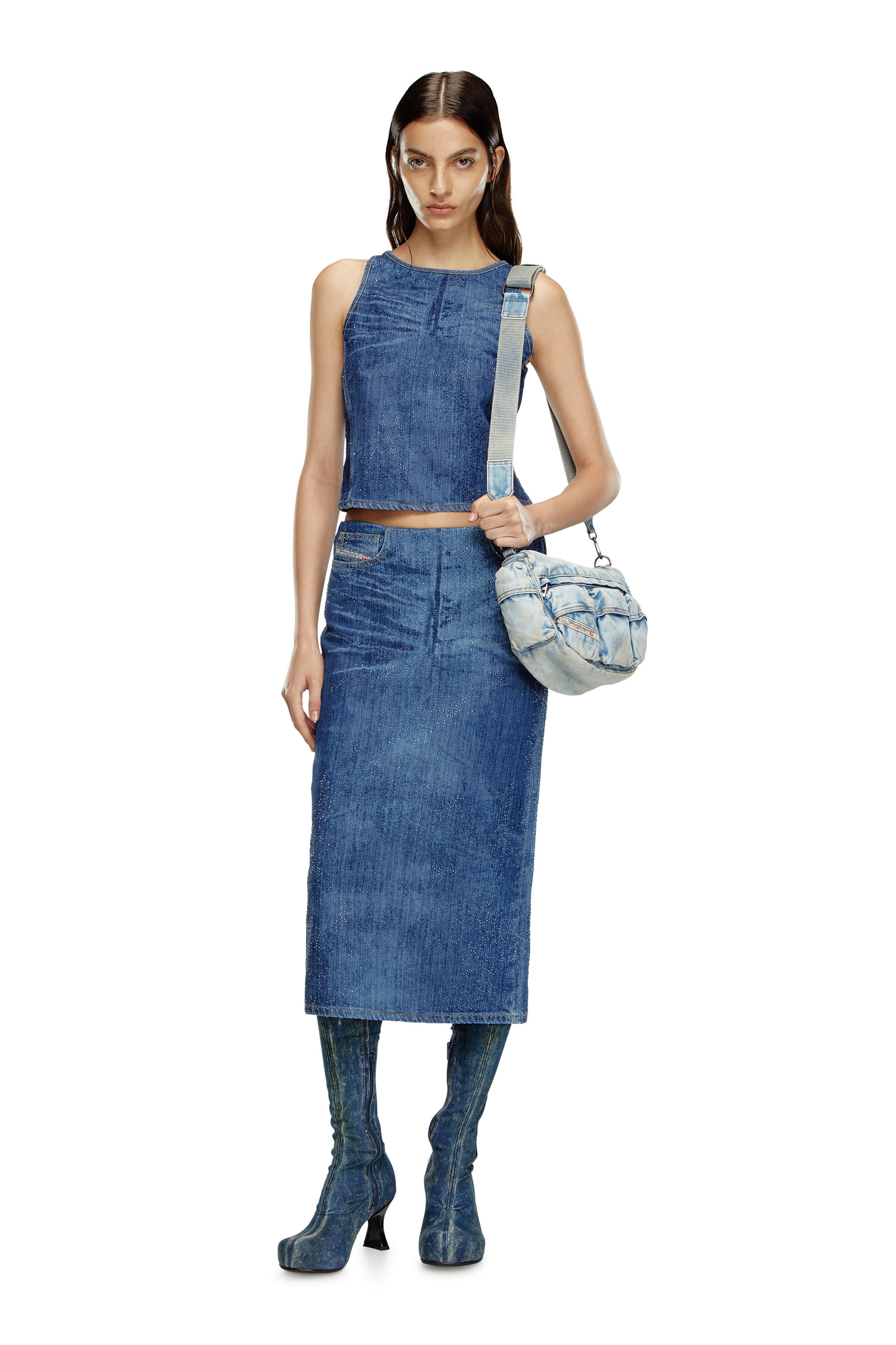 Diesel - DE-PLAQUE-S, Top dos nageur en denim strass Femme in Bleu - 1
