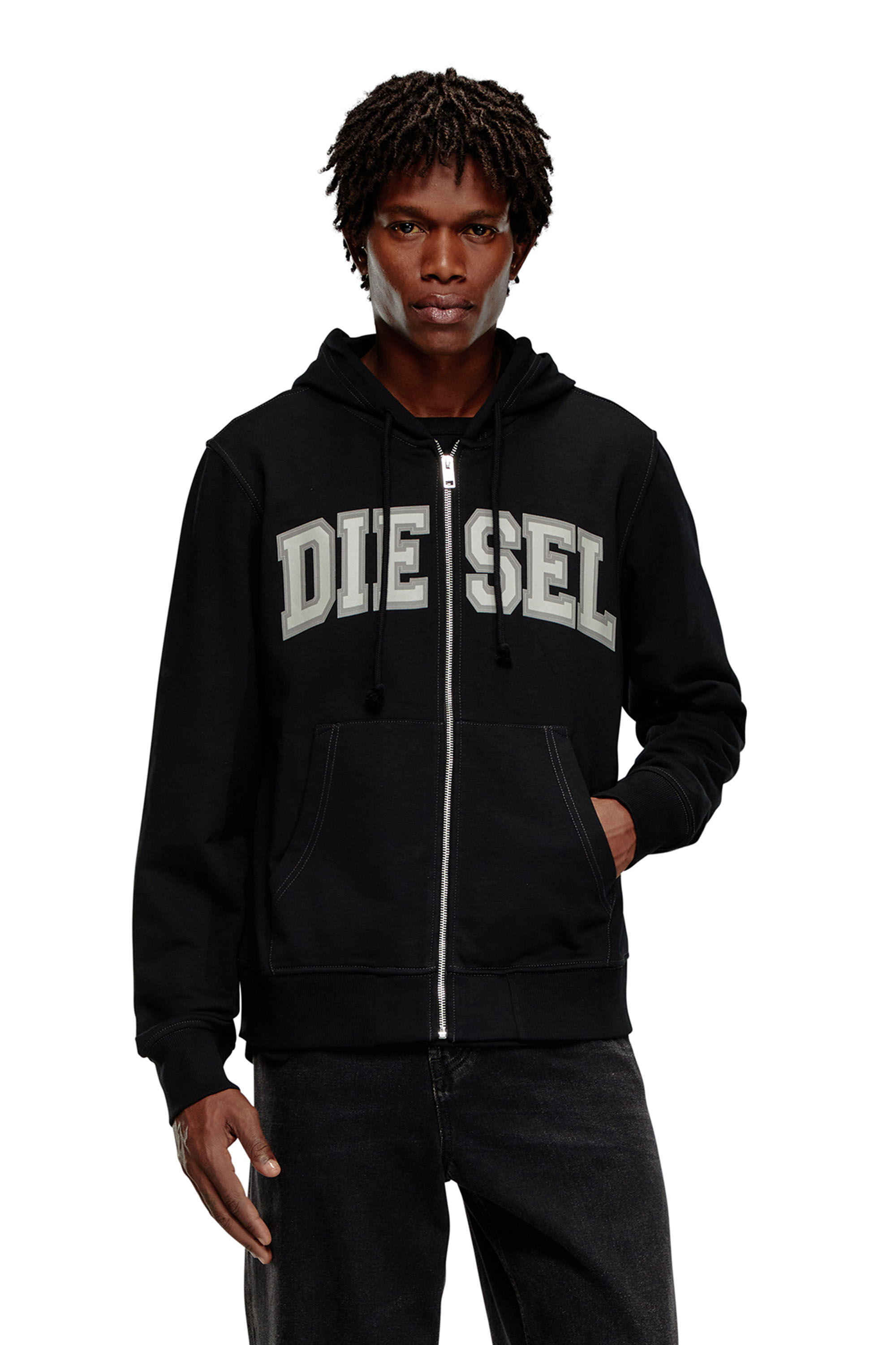 Diesel - S-GINN-HOOD-ZIP-K12, Sweat-shirt à capuche zippé avec graphismes universitaires Homme in Noir - 3