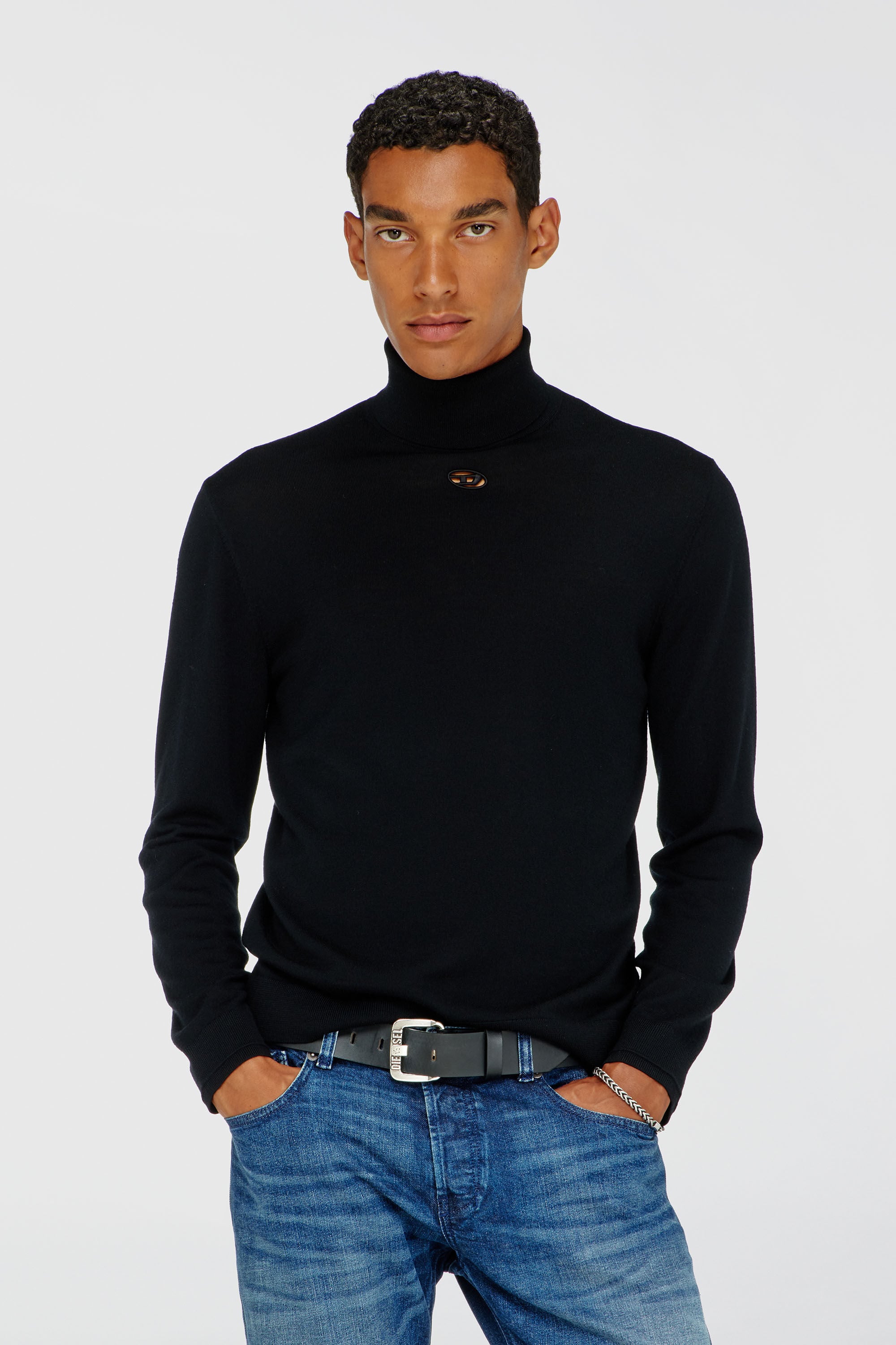 Diesel - K-VARTA, Man's Wool turtleneck jumper with cut-out logo in Black - 3