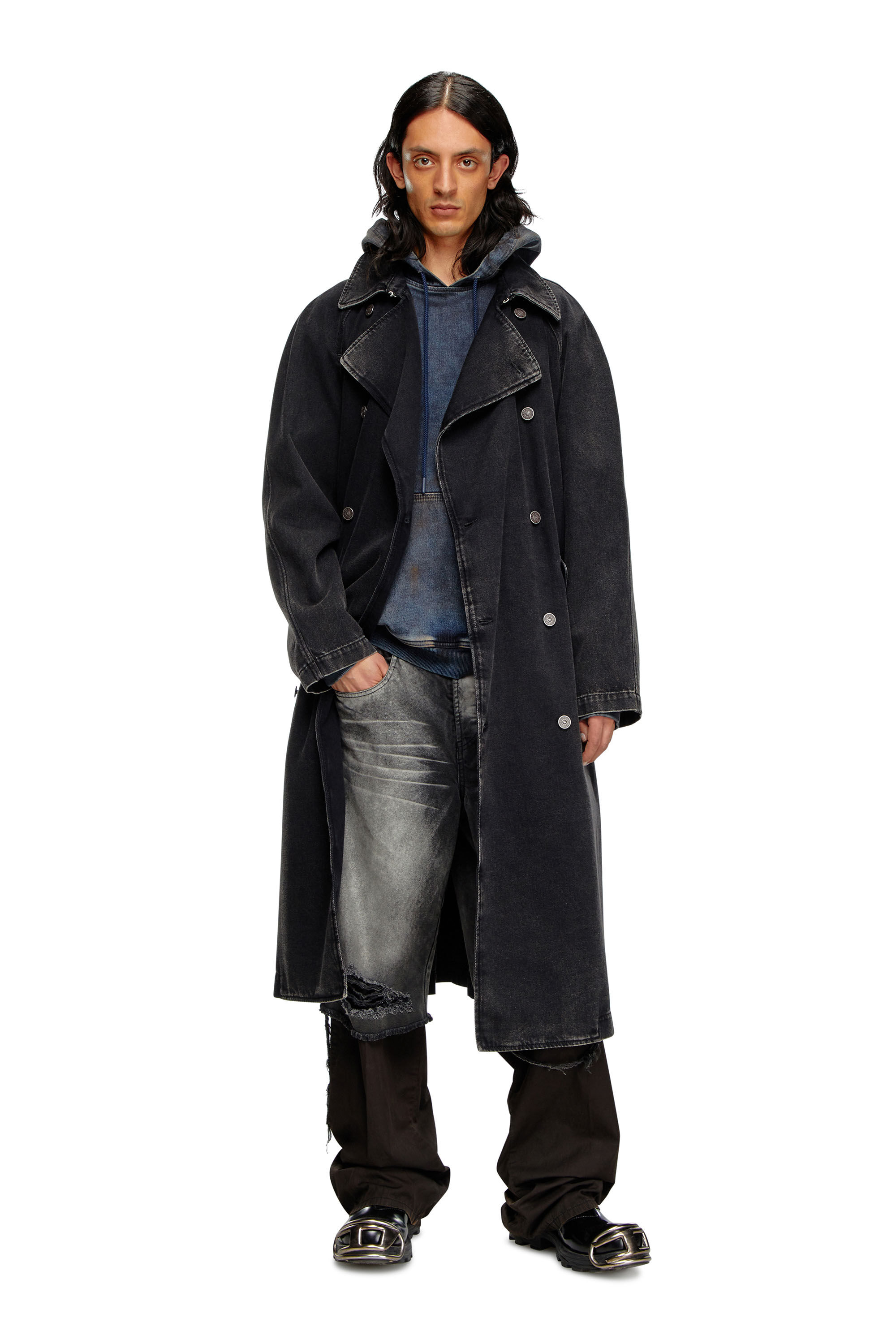 Trench pour homme en denim delave Noir Diesel