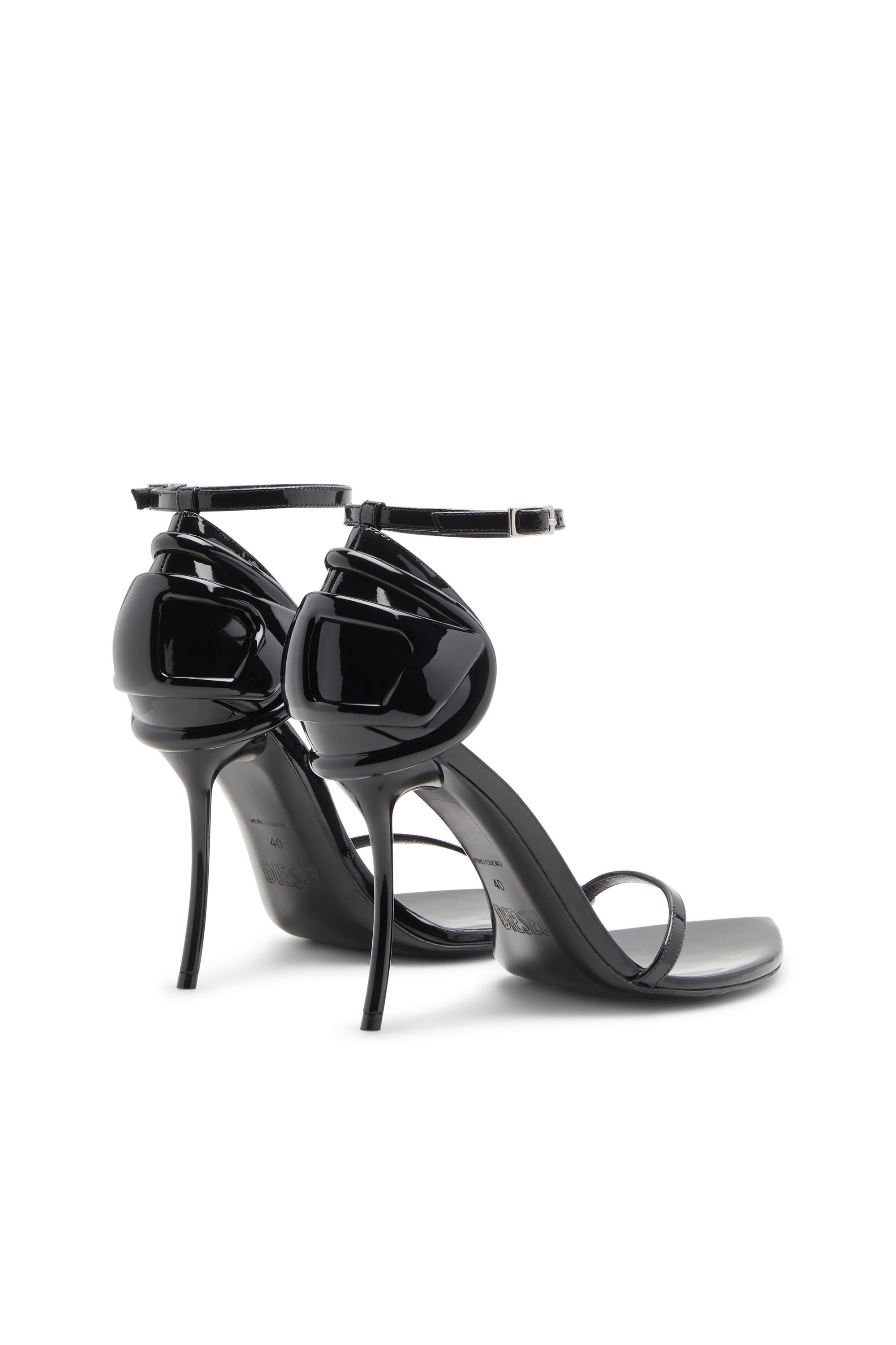 Diesel - D-TEN&HALF SANDAL, D-Ten&Half-Sandale à talon aiguille en cuir verni et satin Femme in Noir - 3