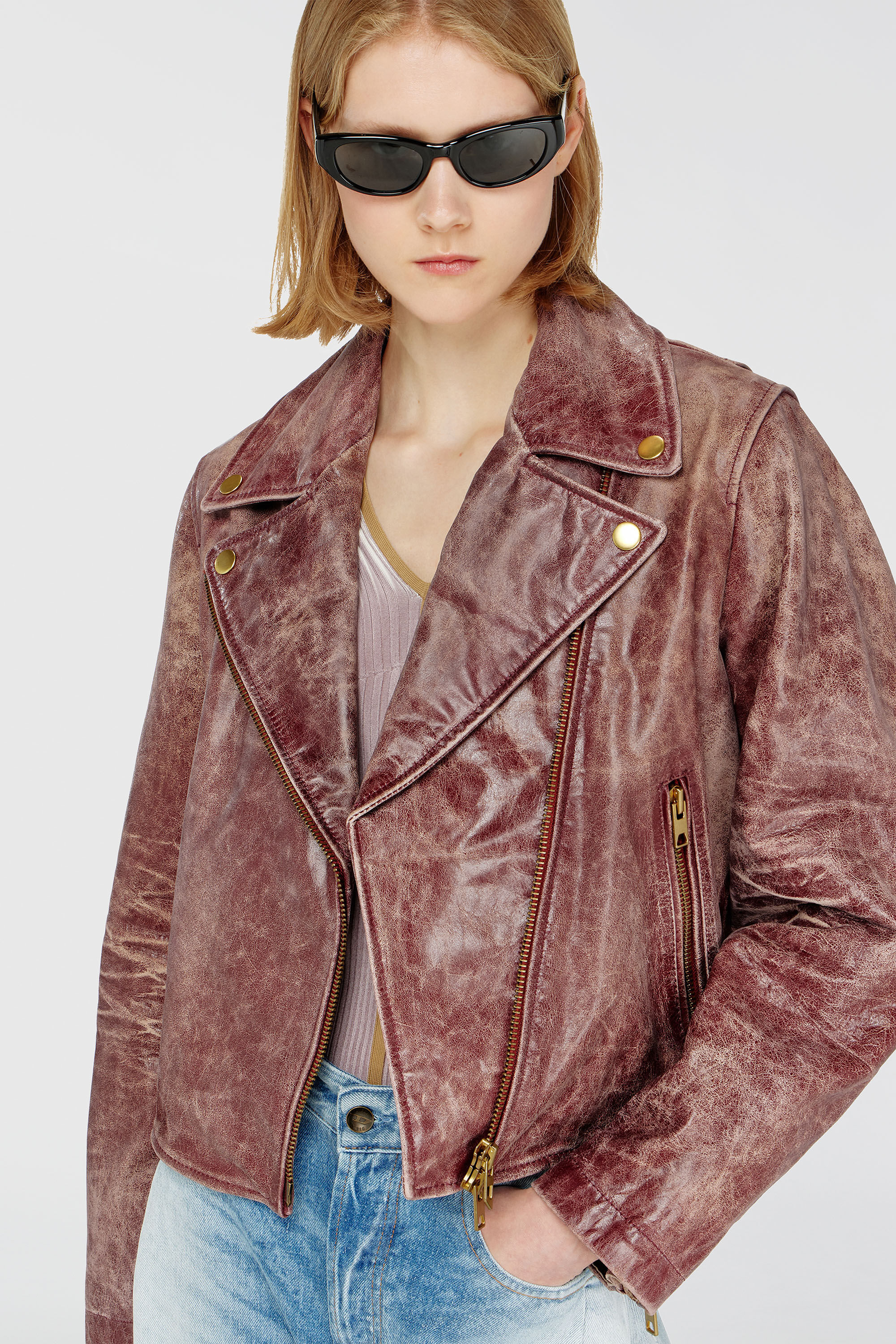Diesel - L-UNATIC-T1, Veste biker en cuir trait&eacute; Femme in Rouge - 6