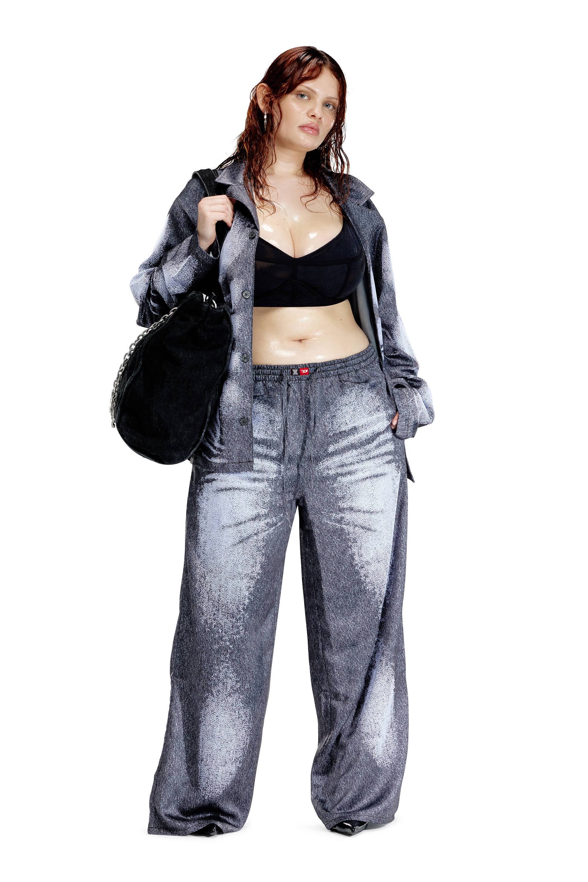 Diesel - STAINS-AND-TROMPE-SLEEP-PANT, Pantalon de pyjama en satin effet denim Mixte in Gris - 5
