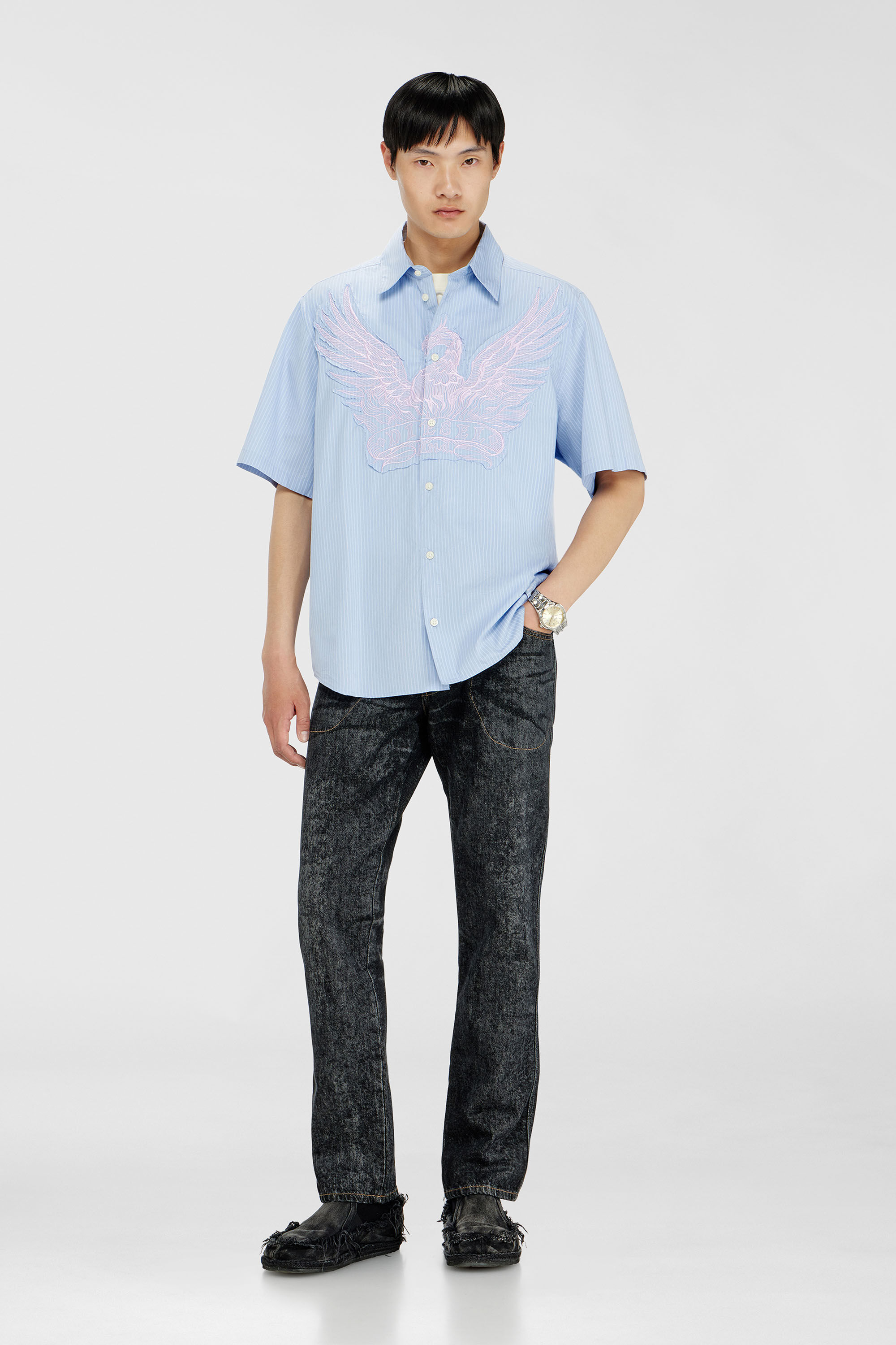 Diesel - S-SIMPLY-SS-AGCZ, Chemise en popeline ray&eacute;e avec patch brod&eacute; Homme in Bleu - 1