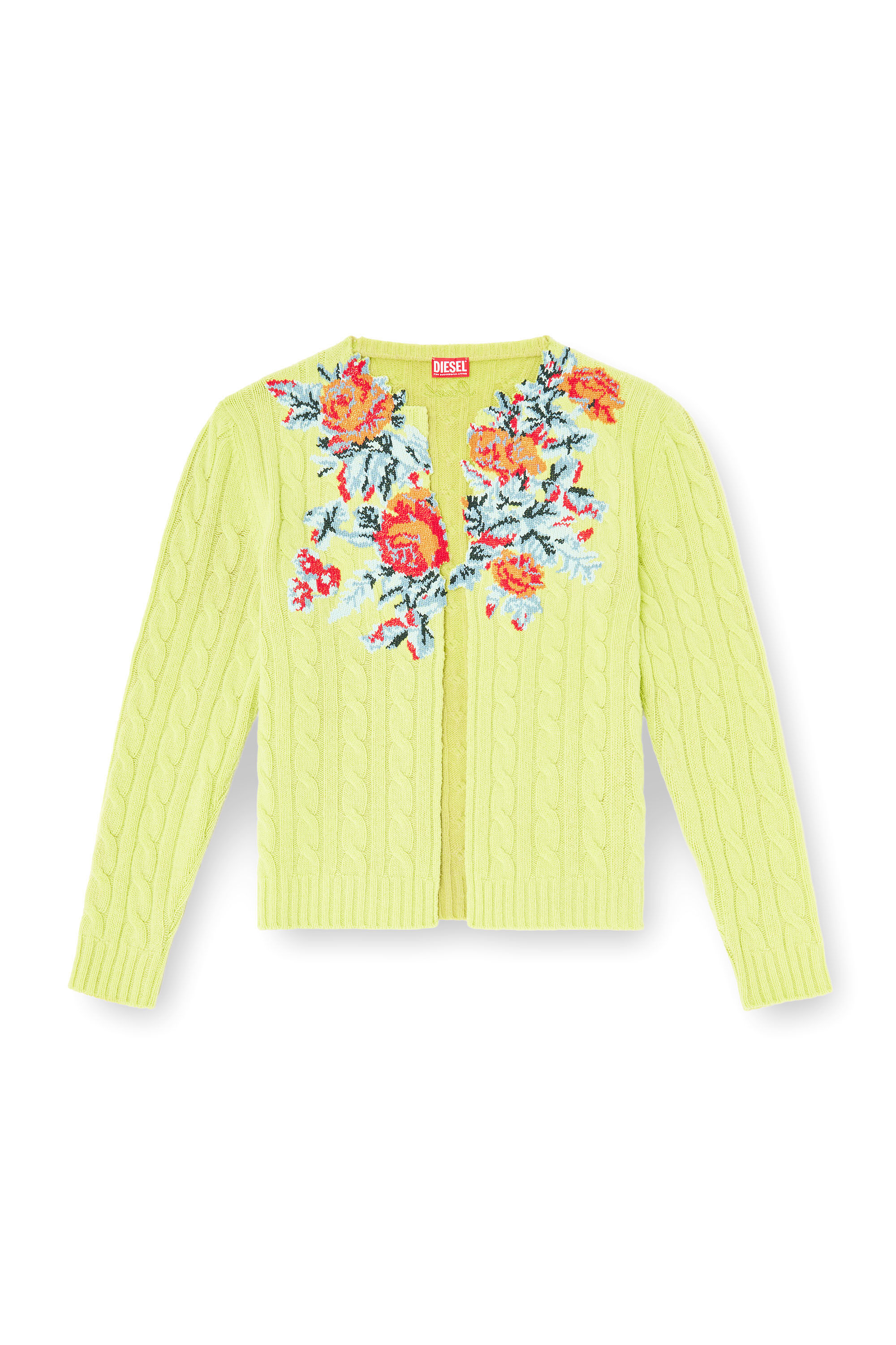 Diesel - K-RINO, Cardigan ouvert en maille torsad&eacute;e &agrave; motif floral Homme in Vert - 2