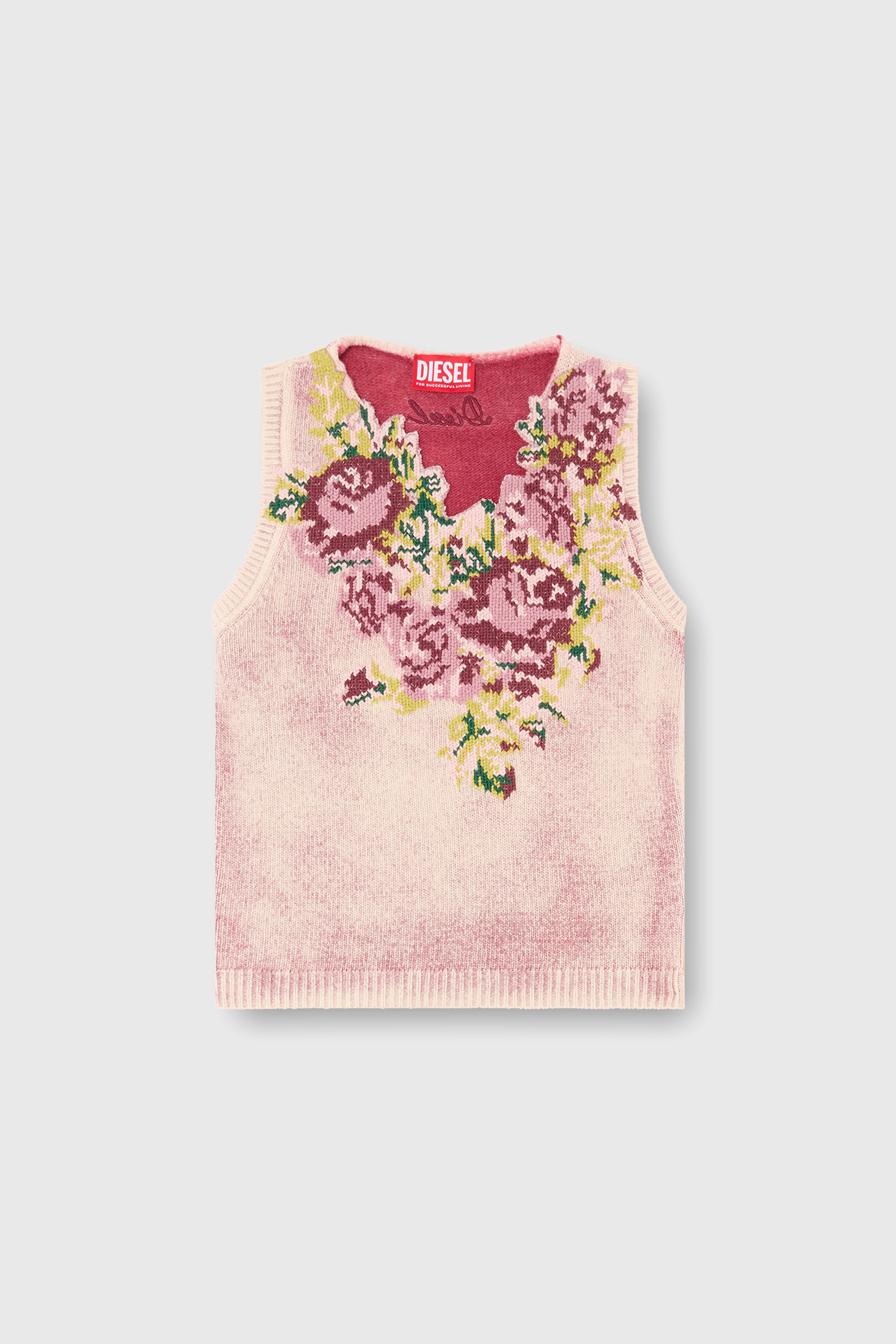 Diesel - M-RARIS, Gilet en maille &agrave; motif floral en laine m&eacute;lang&eacute;e Femme in Rose - 2