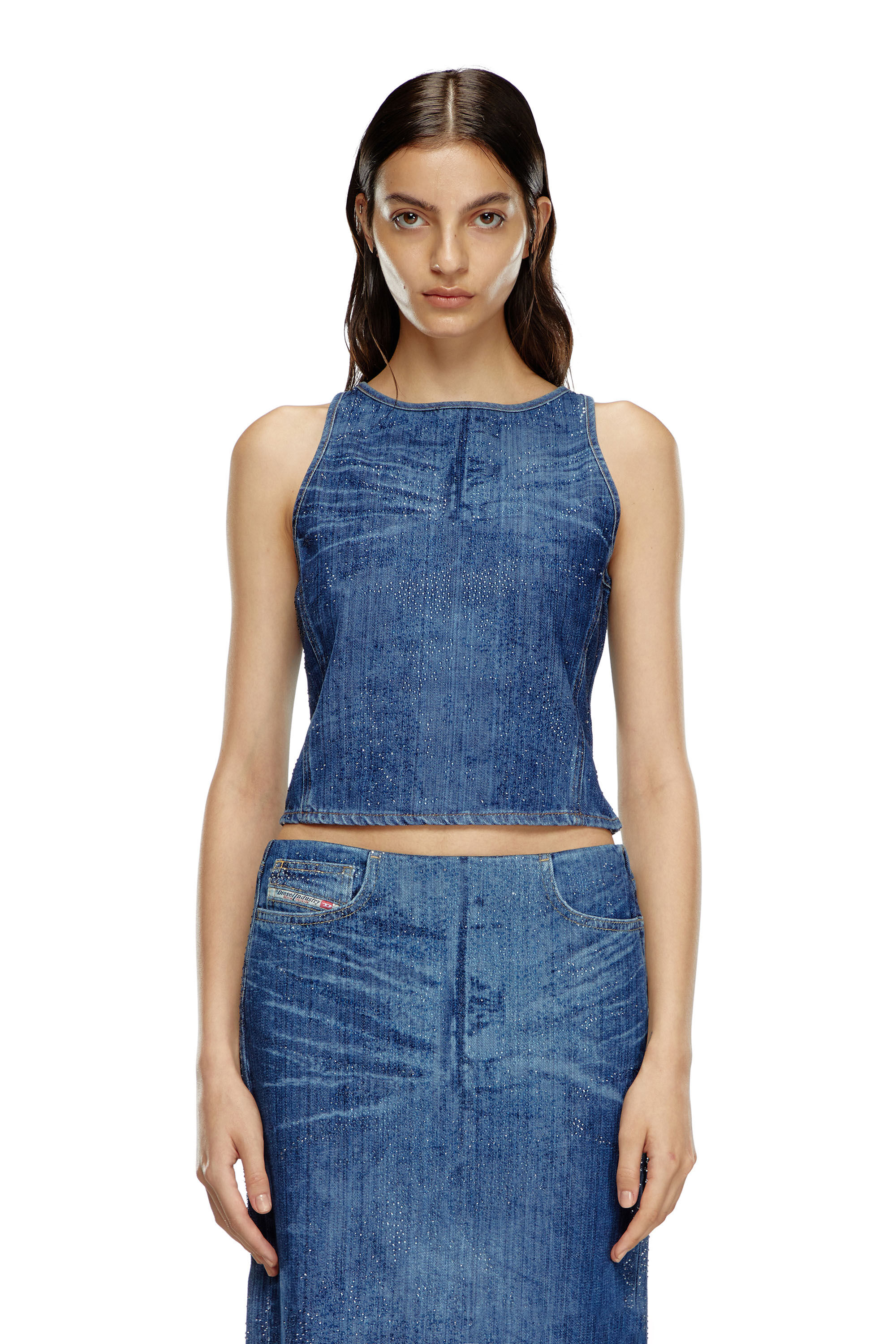 Diesel - DE-PLAQUE-S, Top dos nageur en denim strass Femme in Bleu - 3