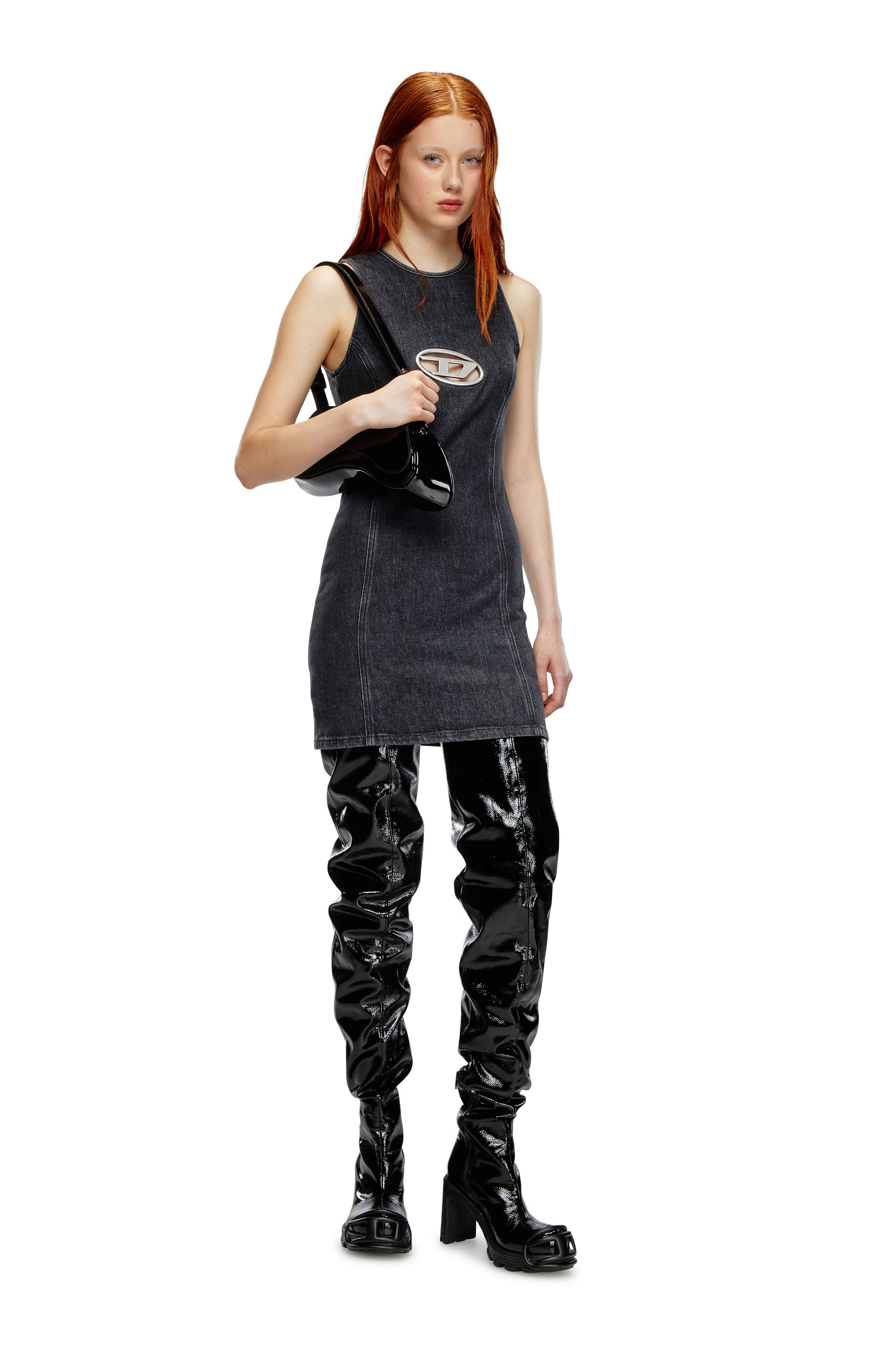 Mini robe utility en denim avec plaque Oval D Femme Noir Diesel