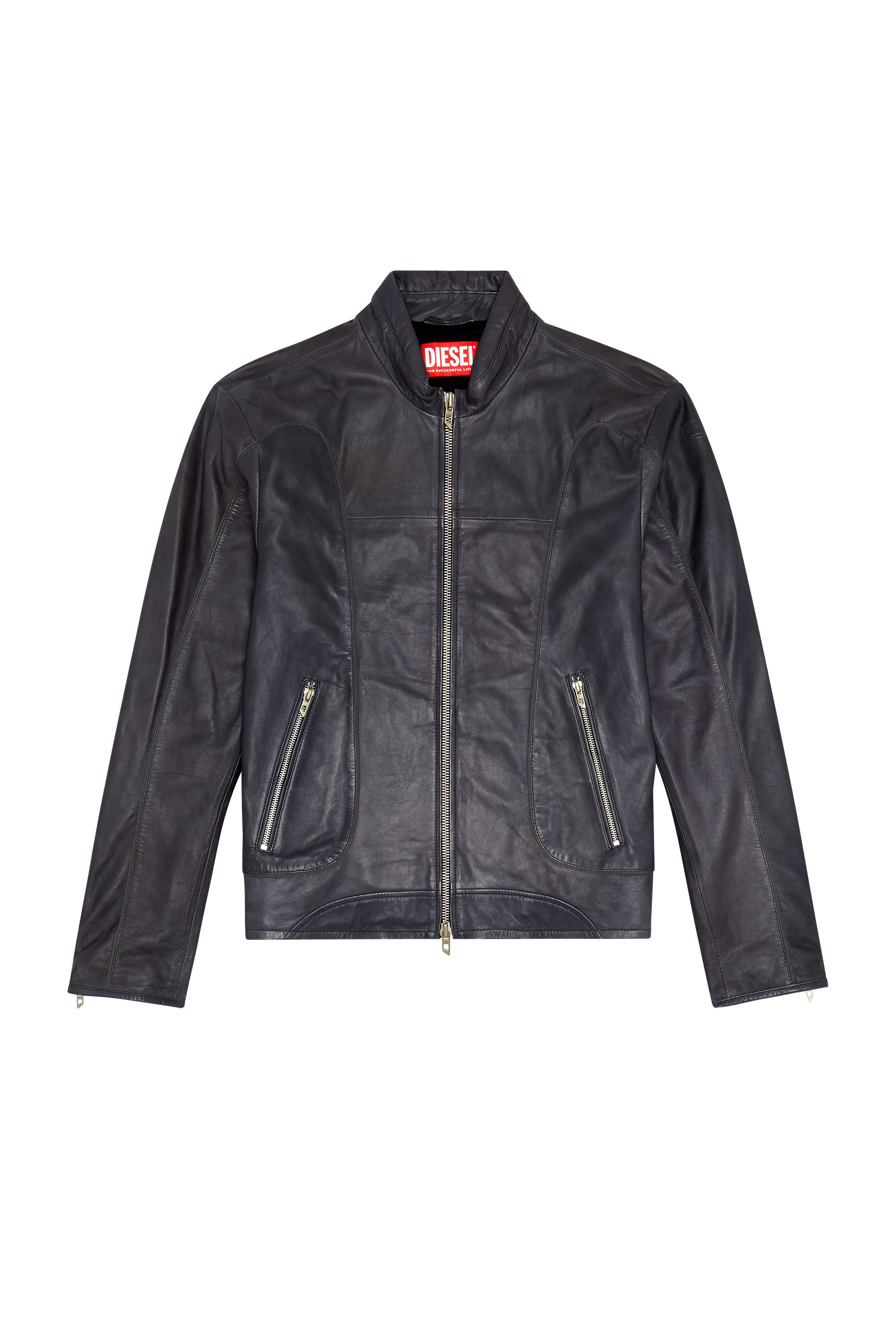 Veste biker en cuir avec passepoil Homme Noir Diesel