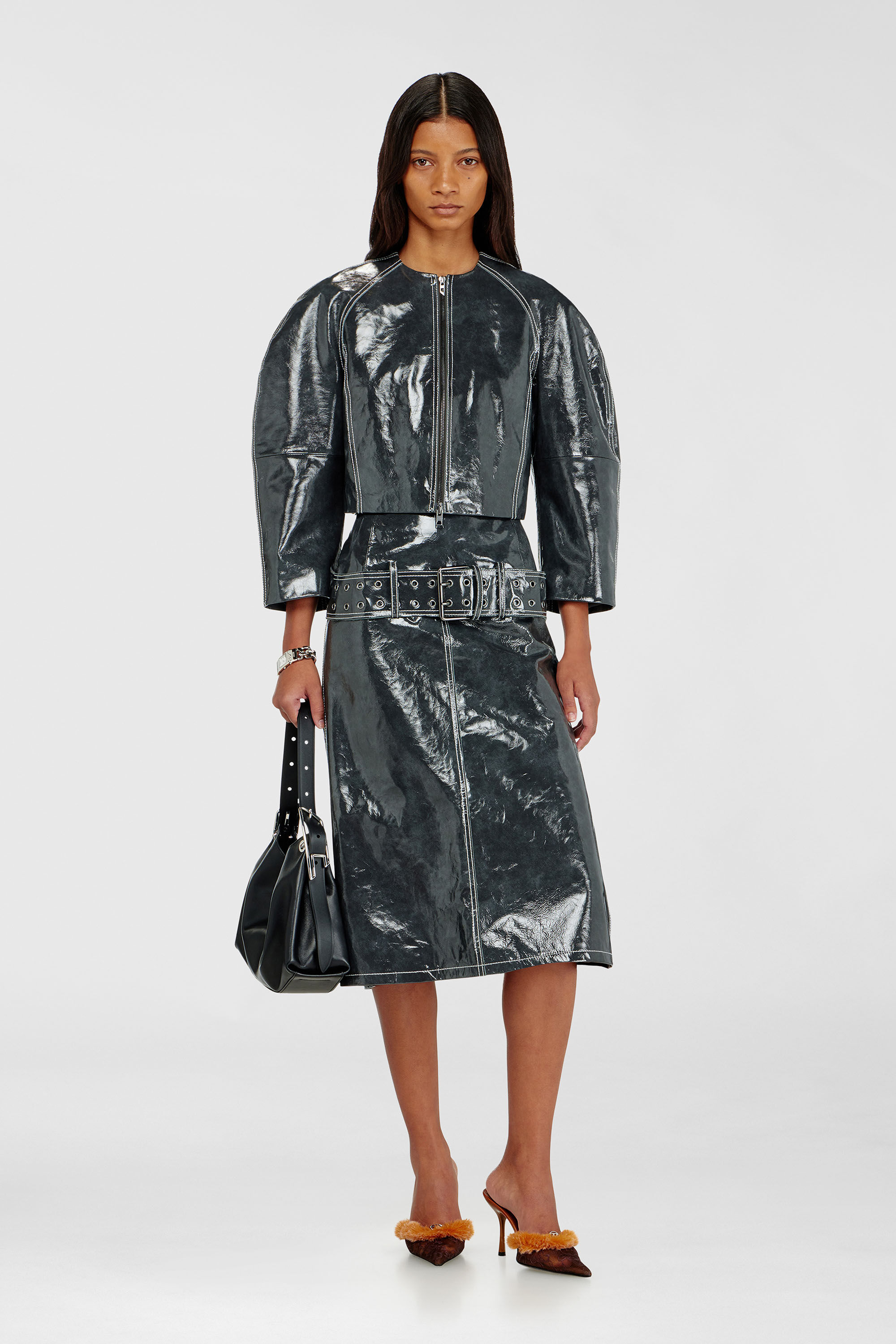 Diesel - L-ANDON, Veste en cuir verni &agrave; manches cocon Femme in Gris - 1
