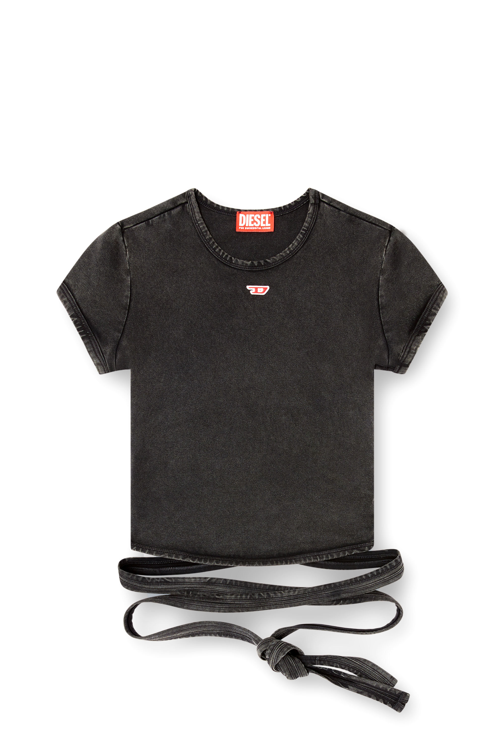 Diesel - T-BUNNY-TAIL-R1, T-shirt effet denim avec lanières croisées Femme in Noir - 2