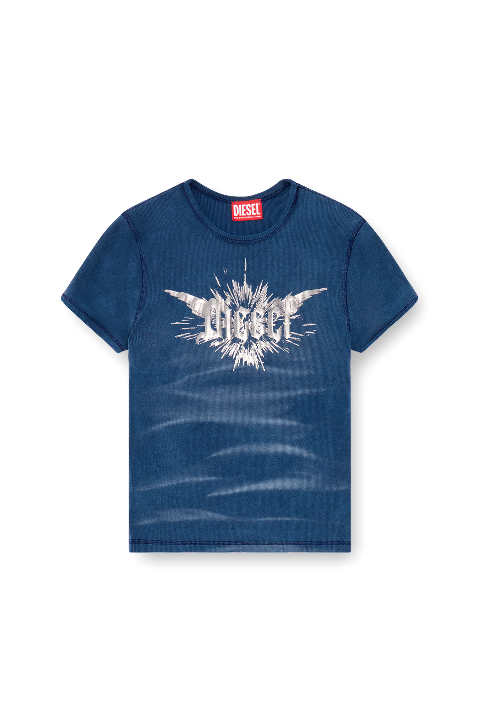 Diesel - T-ELE-LONG-P2, T-shirt avec imprimé métallisé Diesel ailé Femme in Bleu - 2