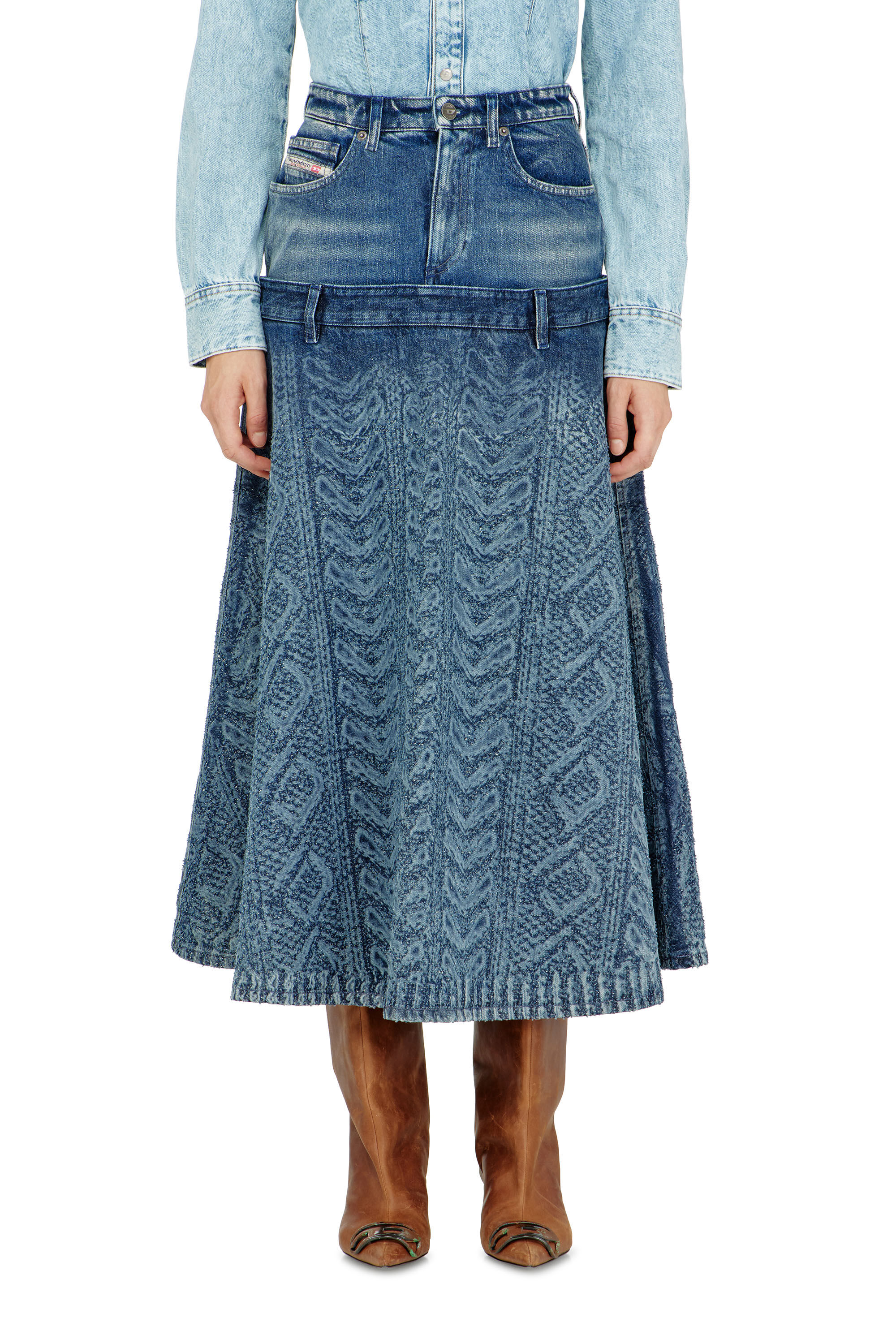 Diesel - DE-VORYA-S1, Jupe midi en denim effet maille torsad&eacute;e Femme in Bleu - 3