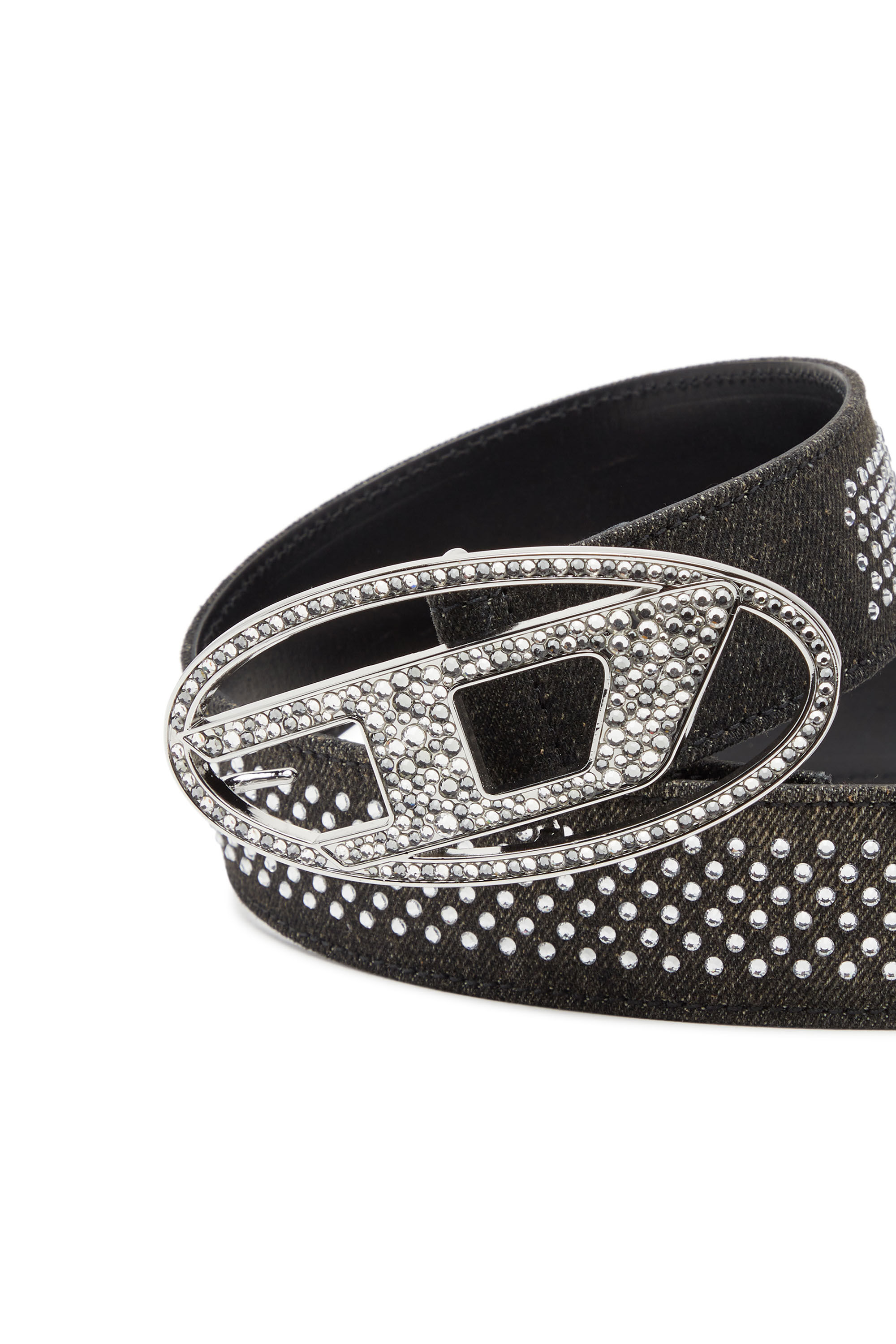 Ceinture en denim et cuir avec strass Femme Noir Diesel