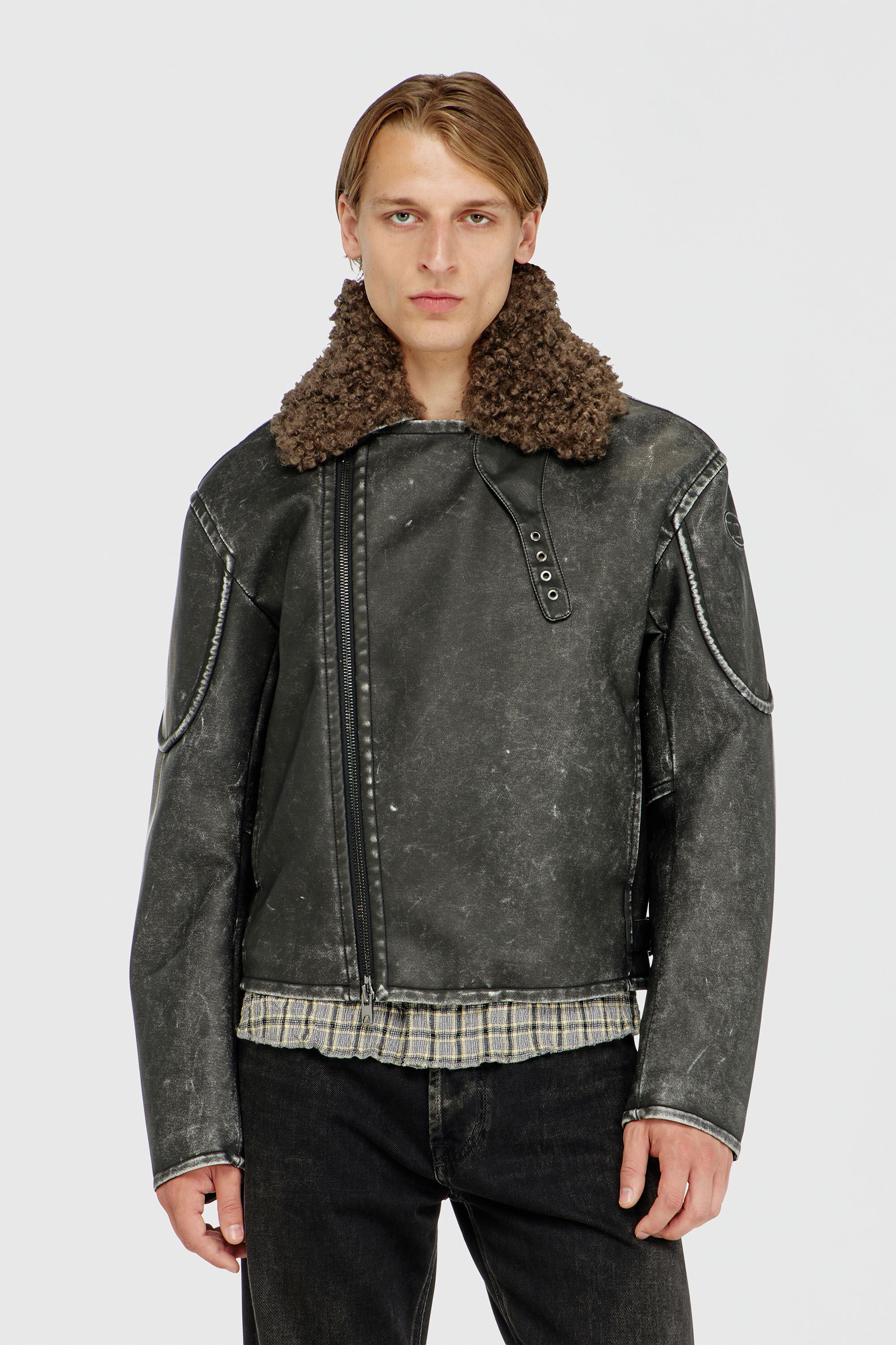 Diesel - W-ALEX, Veste biker avec col amovible Homme in Gris - 5