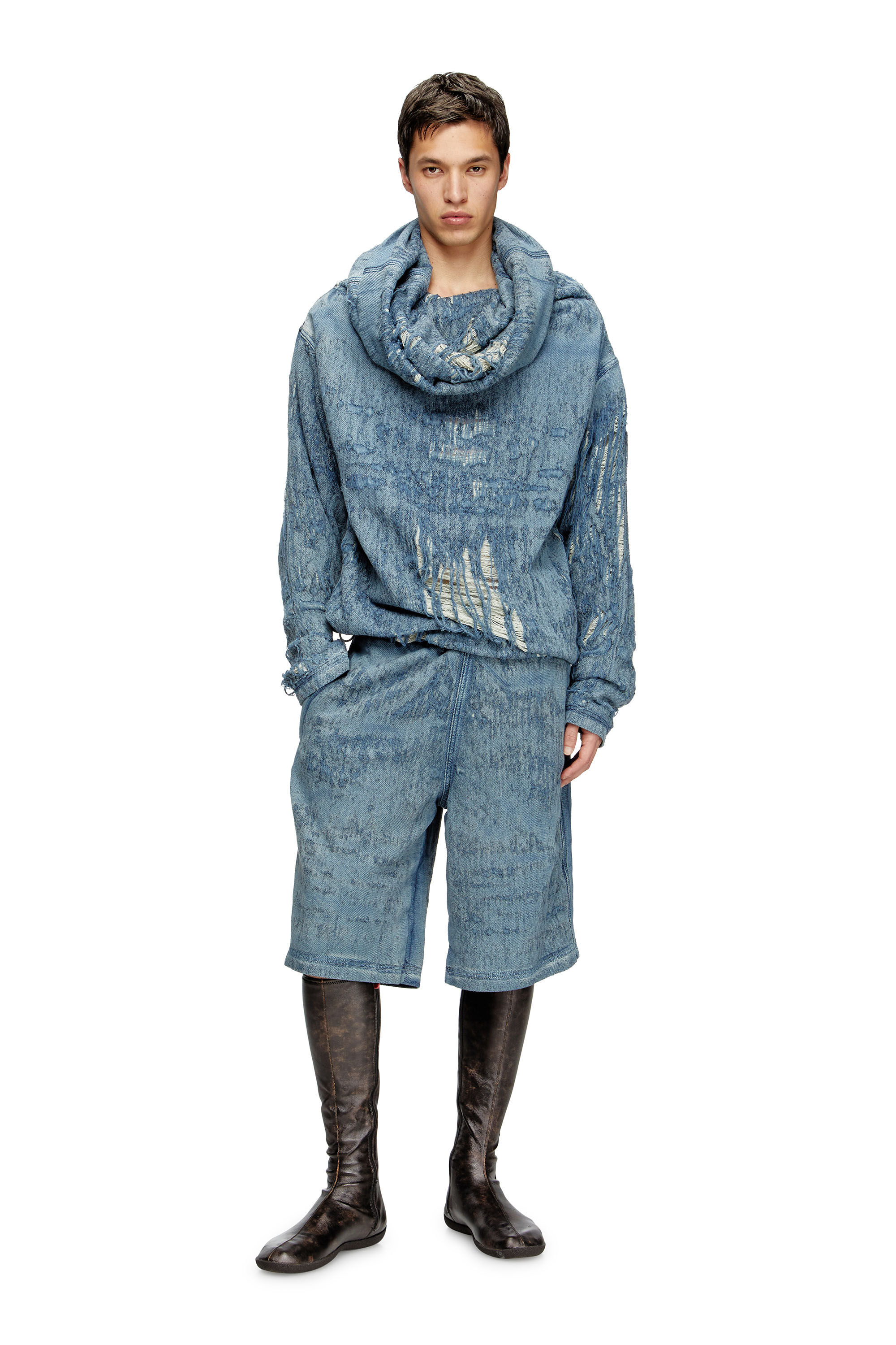 Diesel - D-UMBRIX-FSG, Pull en denim jacquard ultra-destroyed Homme in Bleu - 1