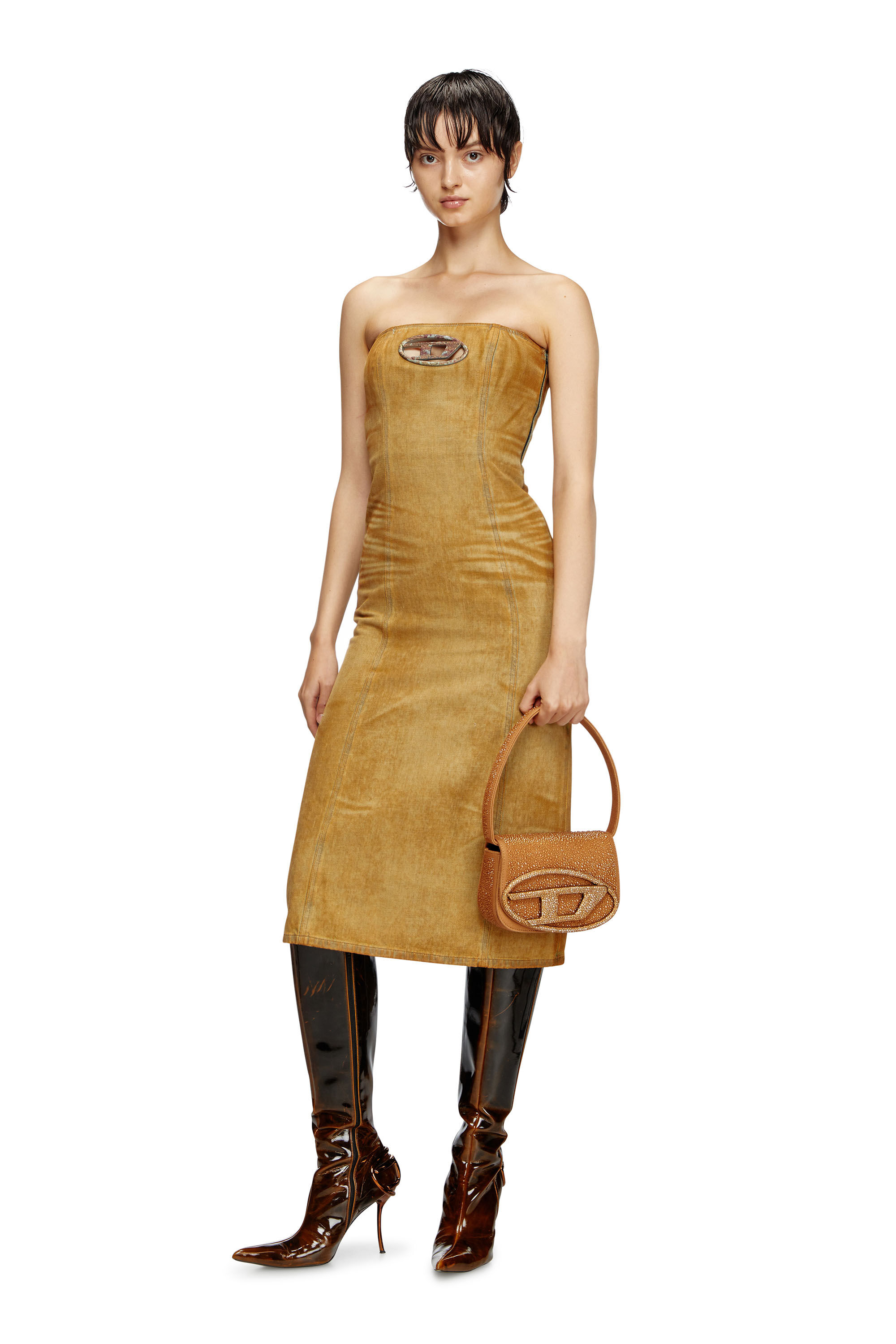 Robe midi en denim avec logo effet rouille Femme Marron Diesel