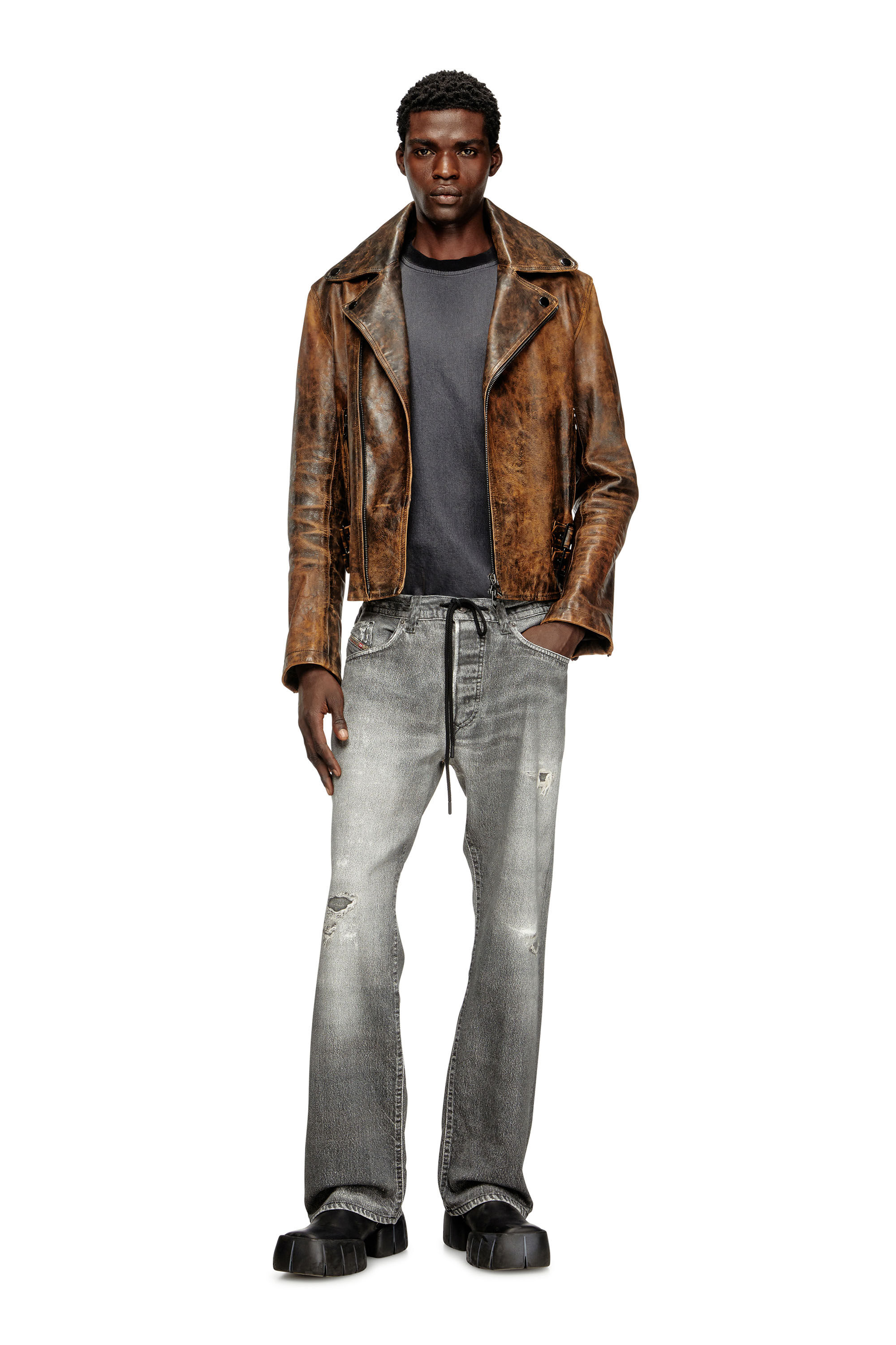 Diesel - L-EON, Blouson de motard en cuir traité Homme in Marron - 1