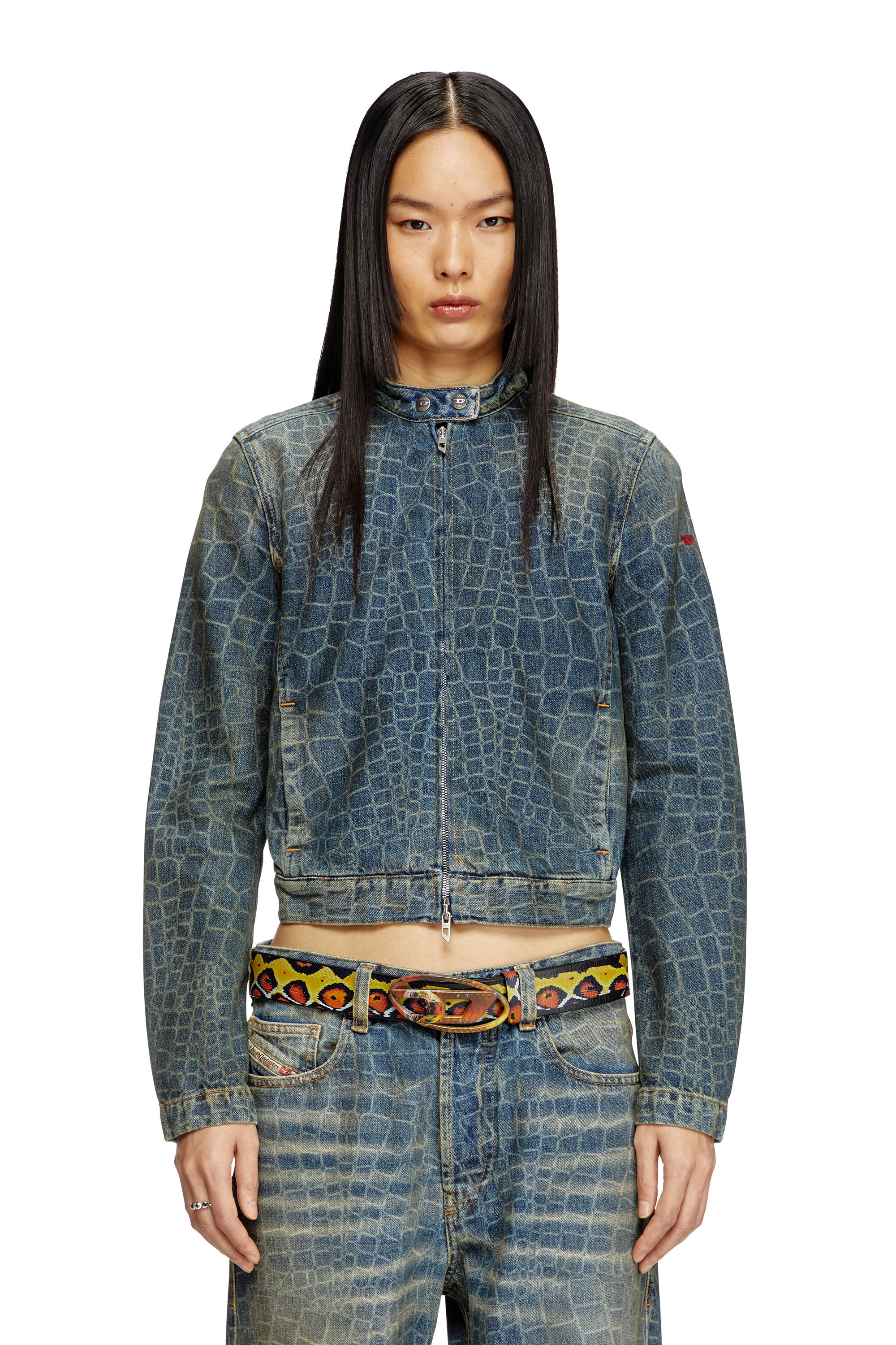 Diesel - CL-DE-MORNIN-SNAKE, Veste biker en denim avec imprimé serpent Femme in Bleu - 3