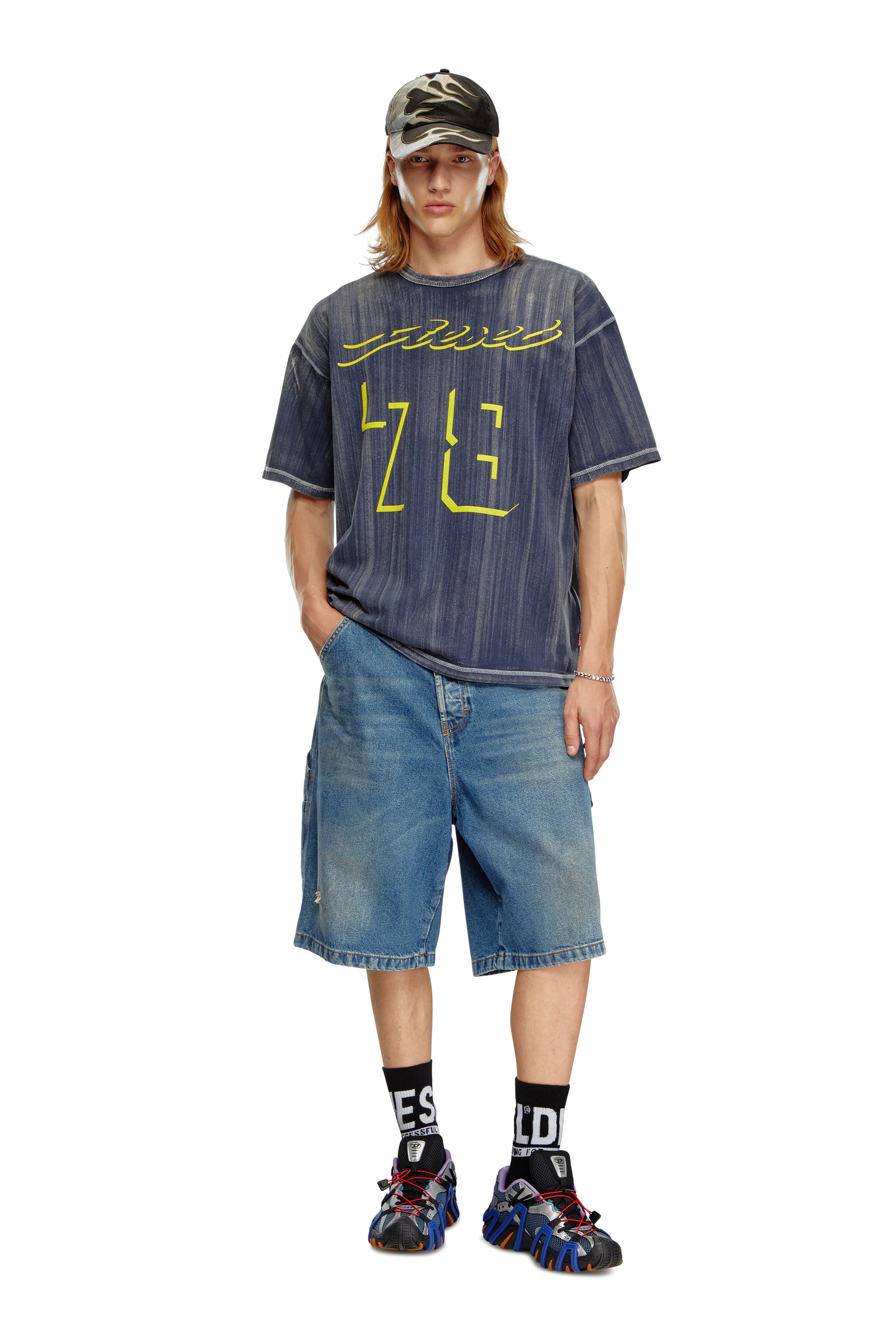 T shirt traite avec logo floque Homme Bleu Diesel
