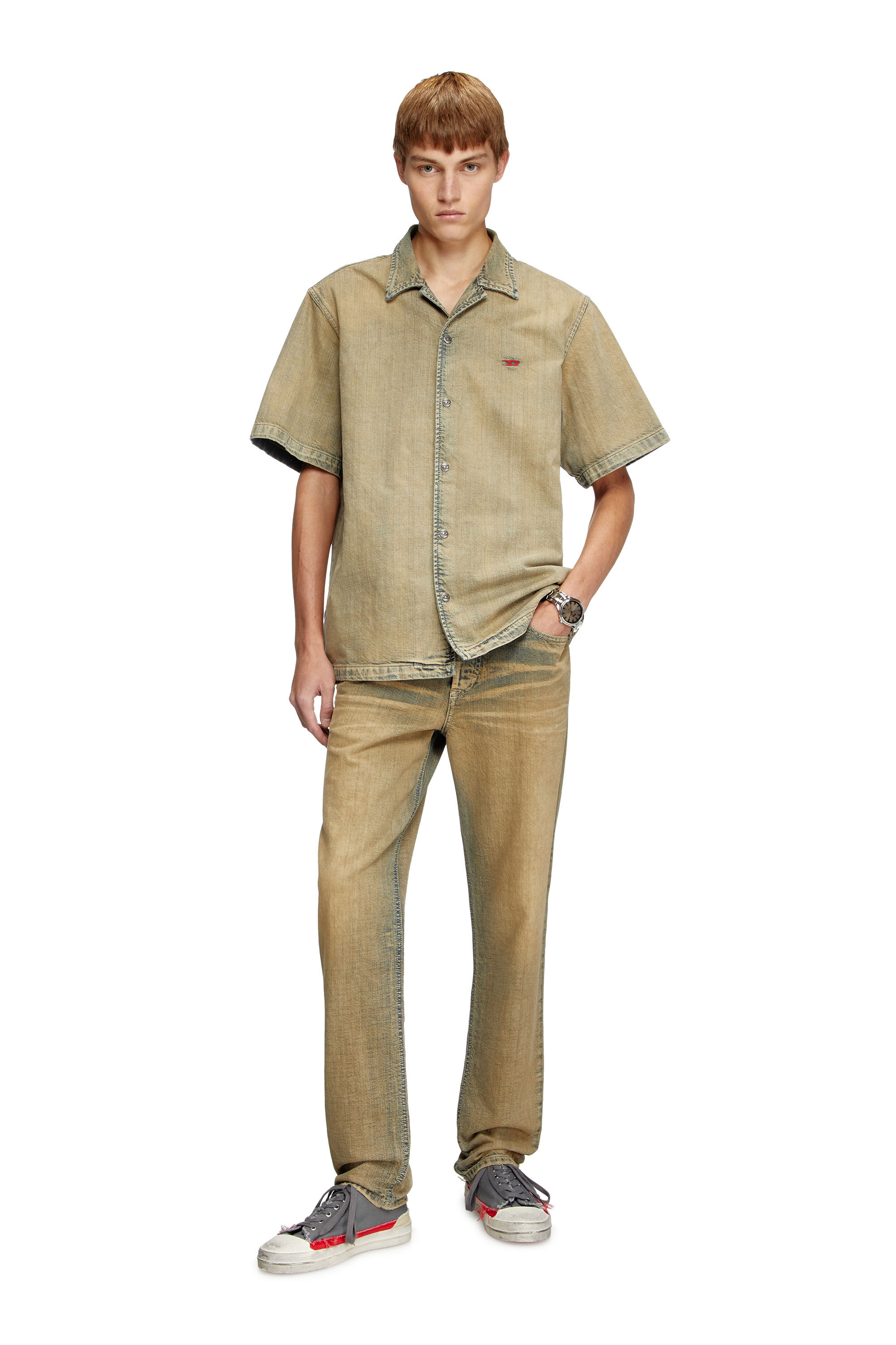 Diesel - D-NABIL-D, Chemise bowling en denim brossé doré Homme in Beige - 1