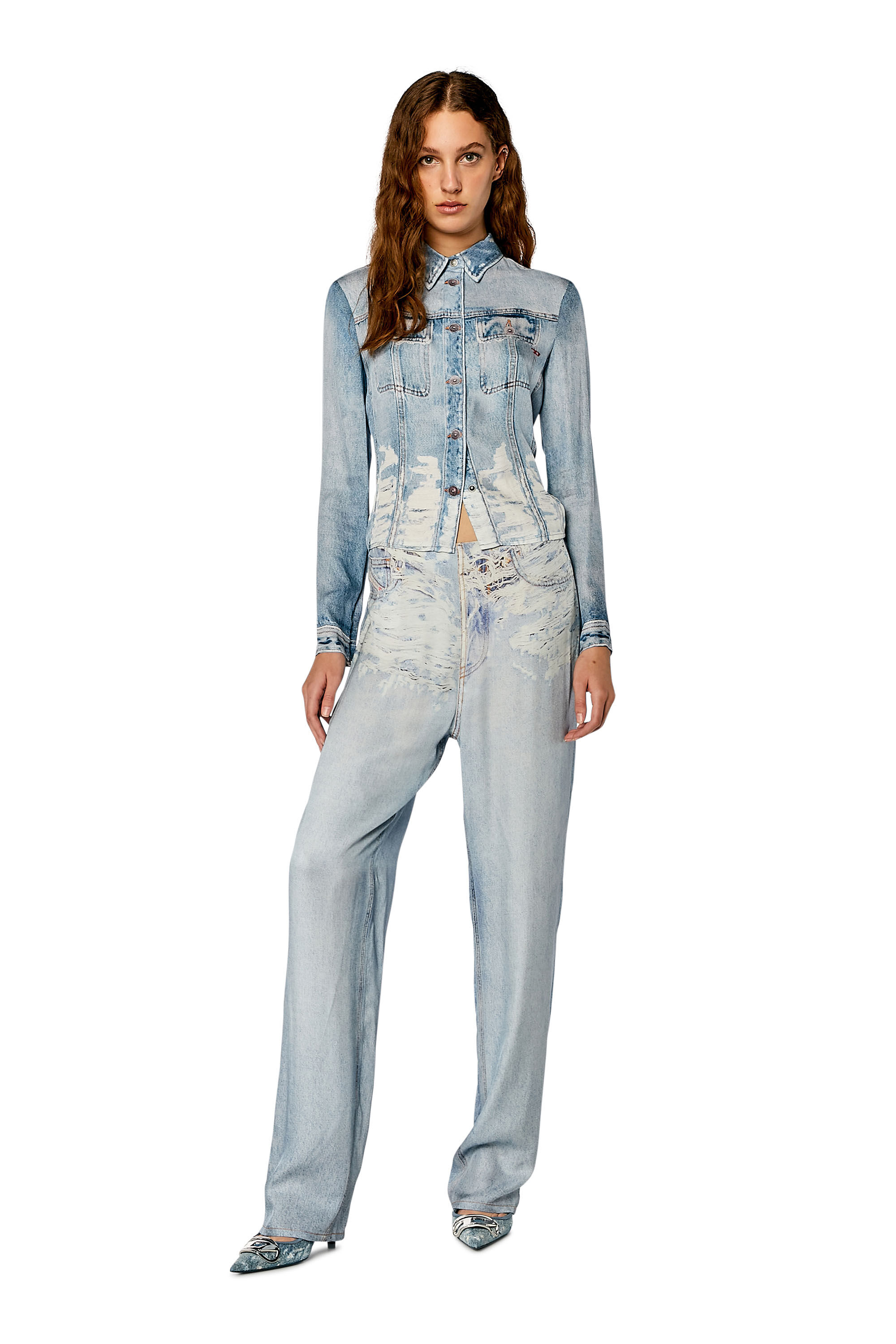 Diesel - P-SARKY, Woman Fluid pants with denim print in Blue - Image 1