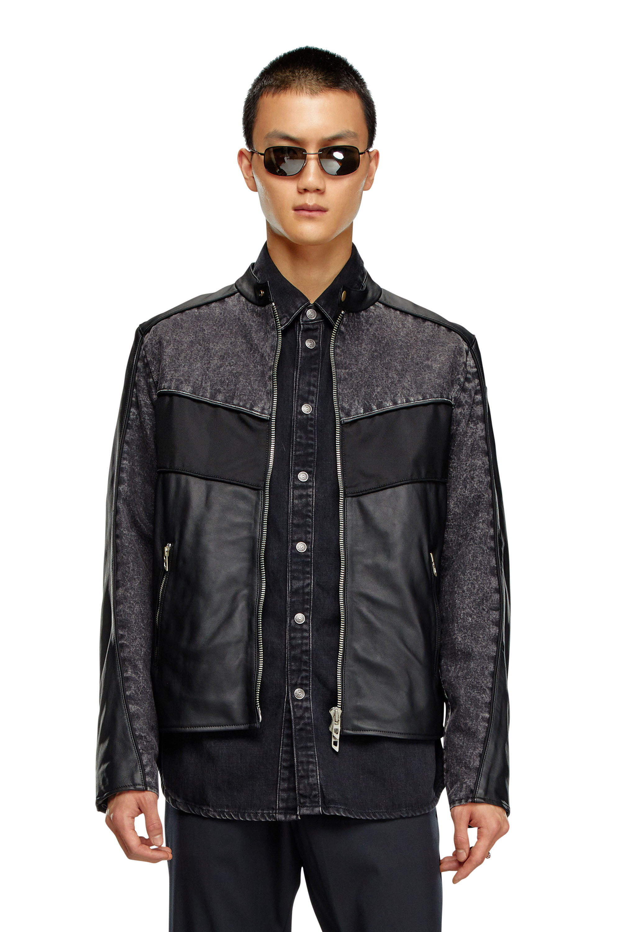 Veste en cuir avec empiecements en denim Homme Noir Diesel