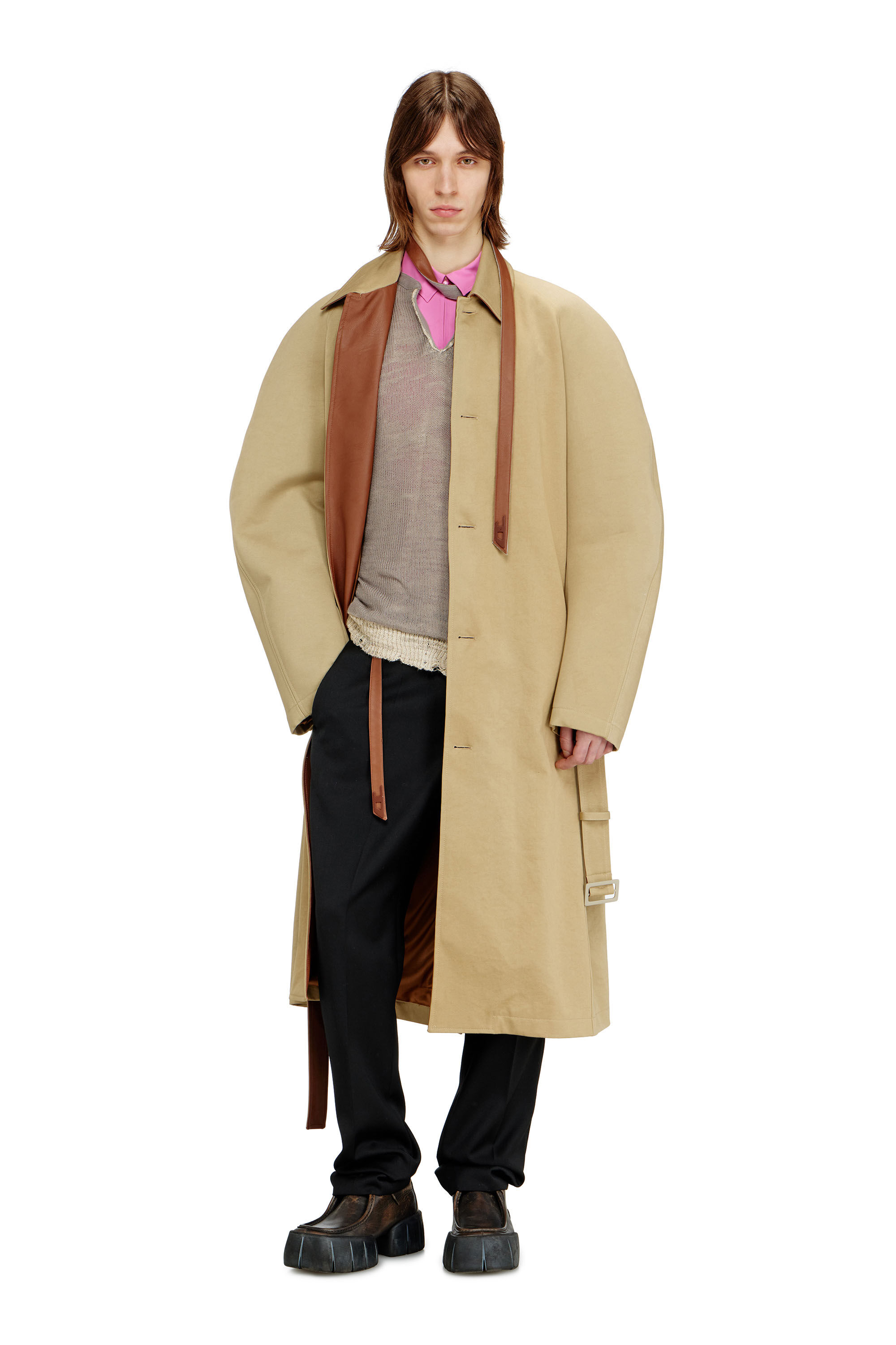 Diesel - J-ROUN, Man's Trench coat with cocoon sleeves in Light Brown - 1