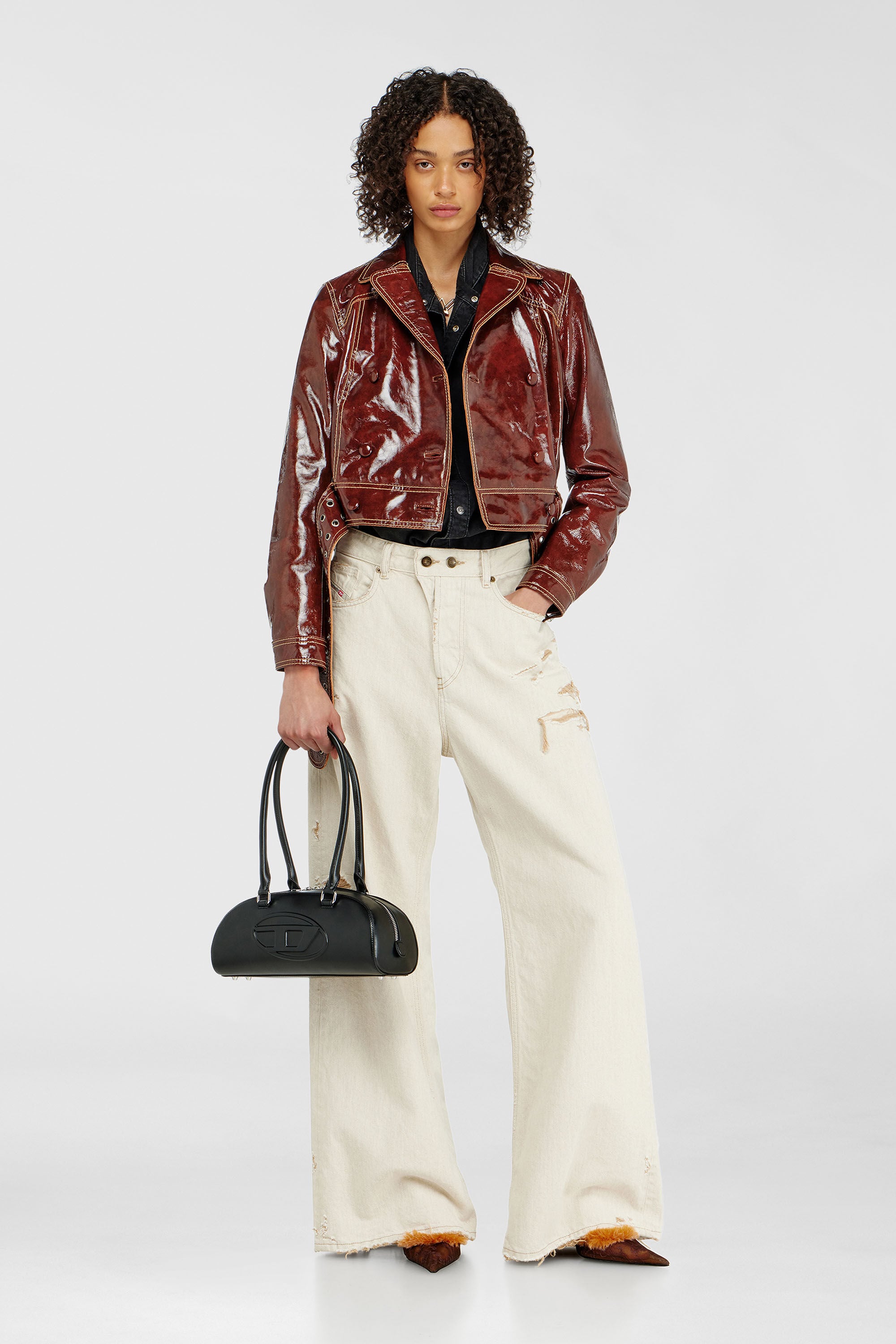 Diesel - L-EGEND, Veste en cuir verni avec large ceinture Femme in Rouge - 1