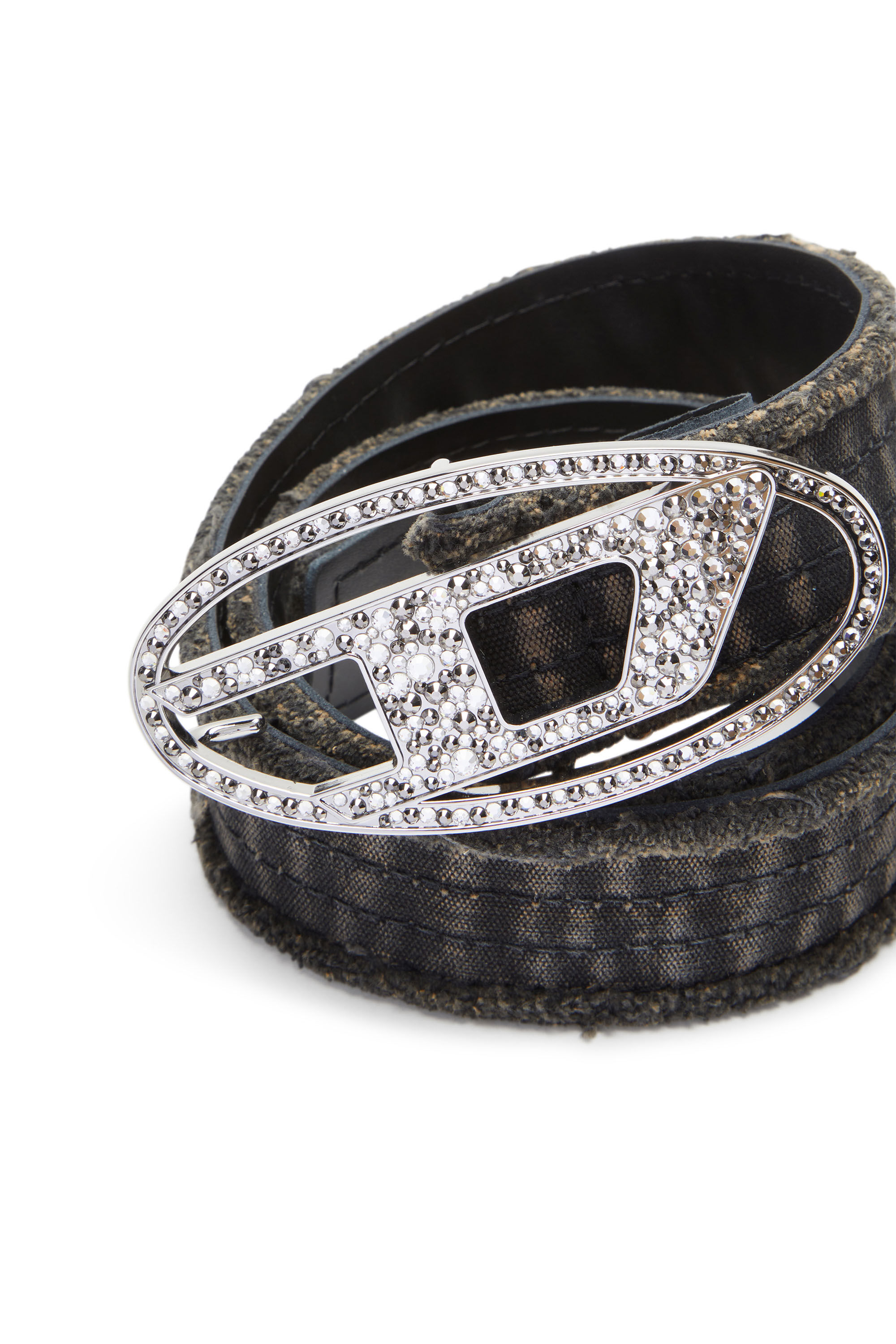 Ceinture en toile et cuir avec cristaux Femme Noir Diesel