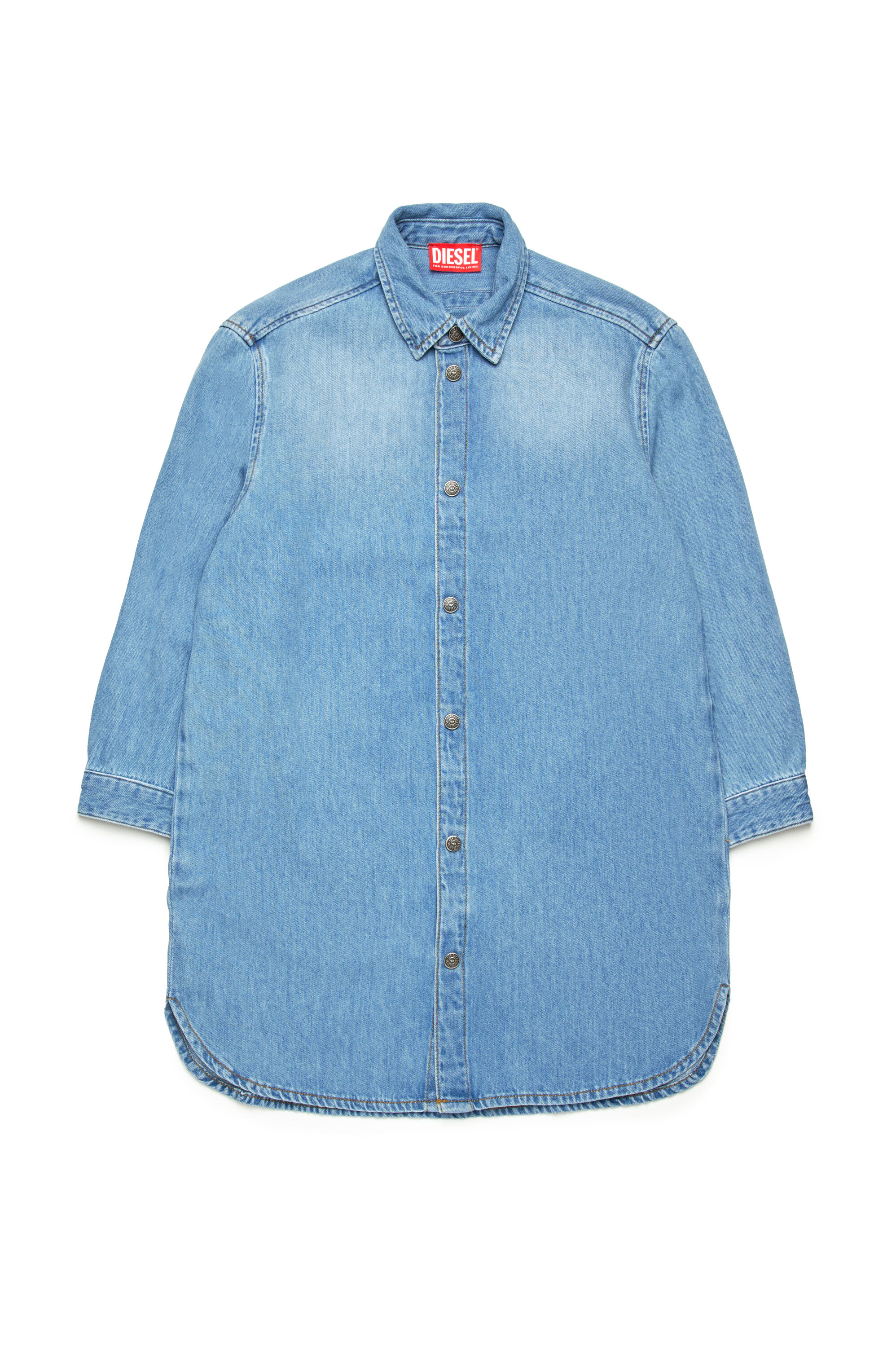 Diesel - DEBBLI, Robe chemise en denim avec logo Oval D effiloché Femme in Bleu - 1