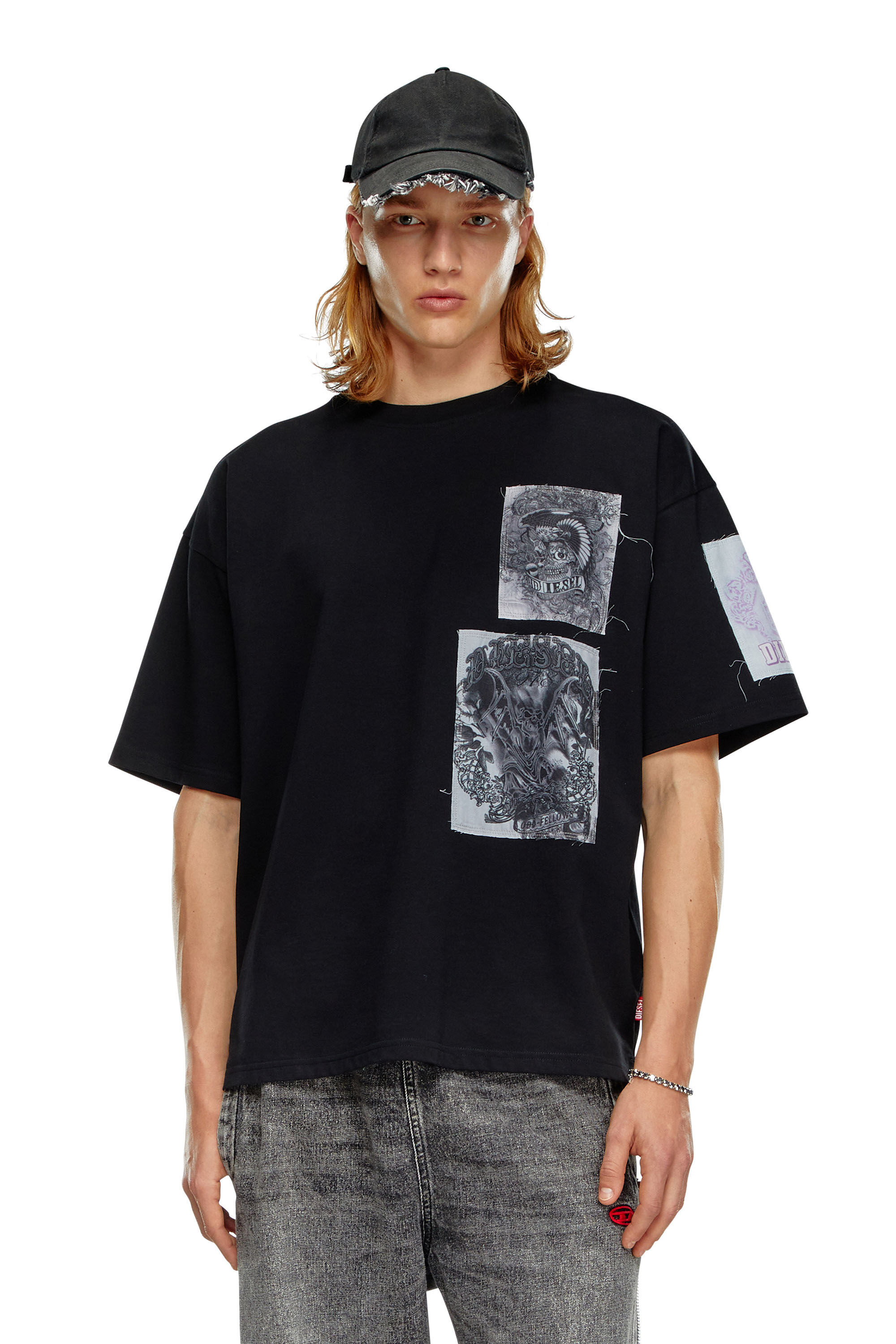 Diesel - T-BOXT-SLITS-Q10, Man's T-shirt with raw-cut printed patches in Black - 3