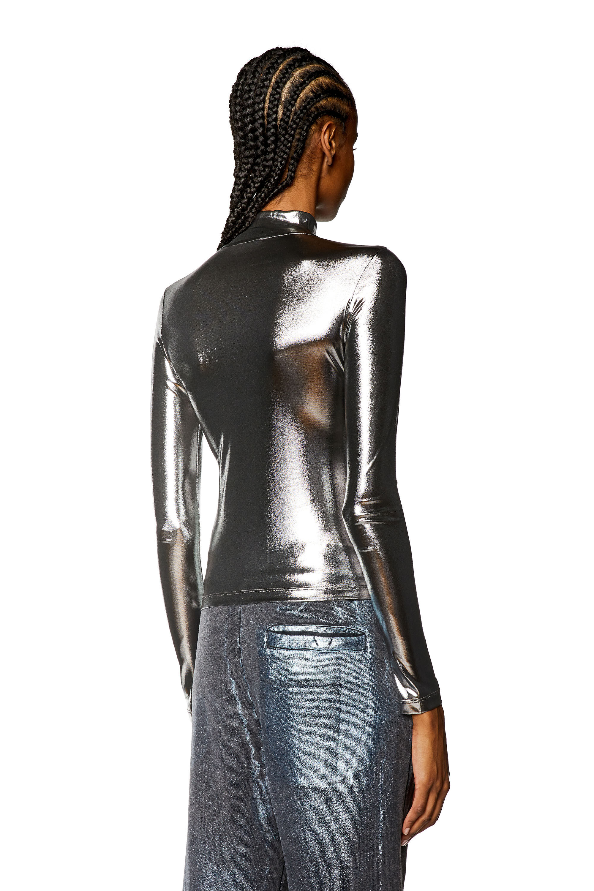 Diesel - T-META, Top métallisé avec détail chaîne Femme in Noir - 4