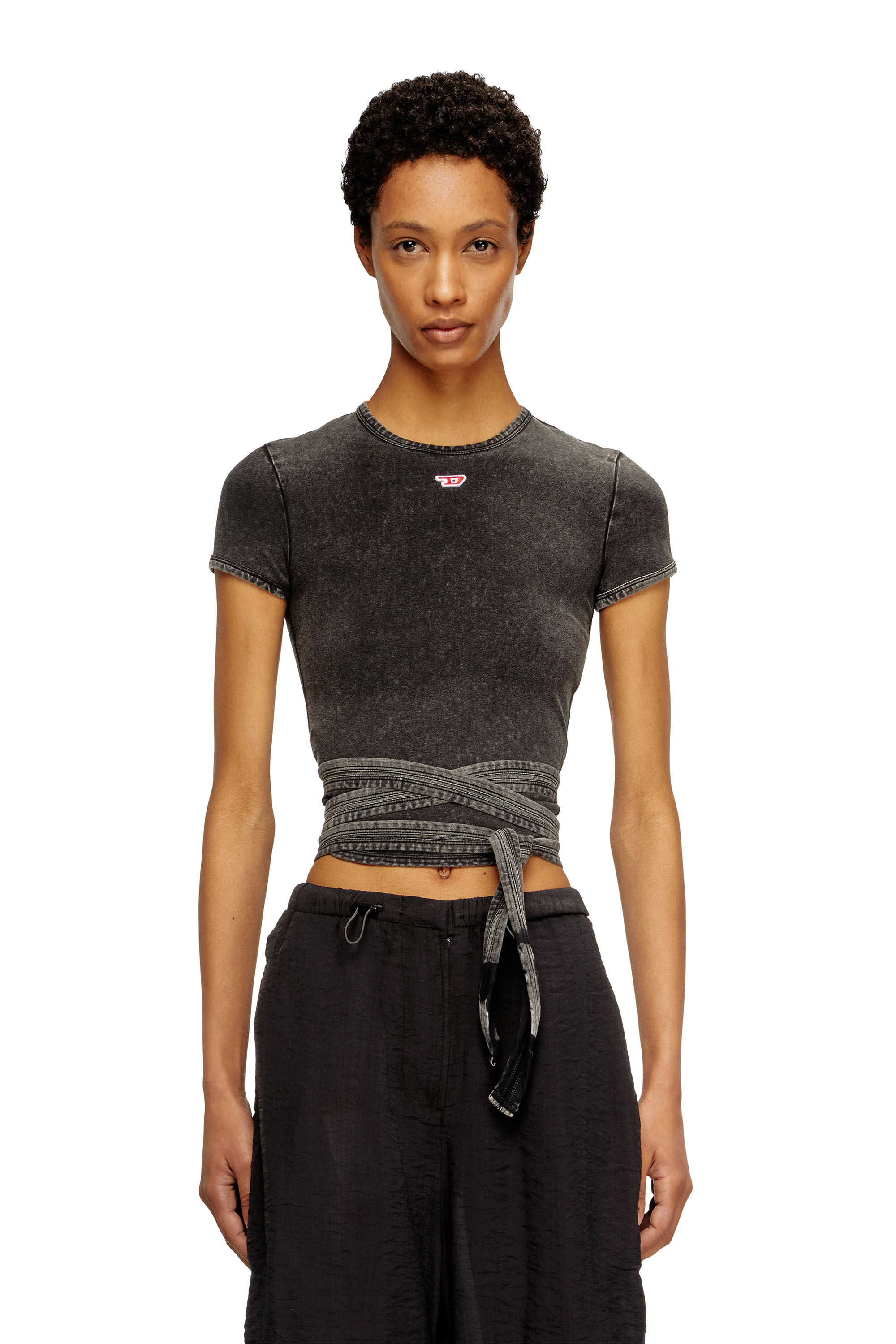 Diesel - T-BUNNY-TAIL-R1, T-shirt effet denim avec lanières croisées Femme in Noir - 3